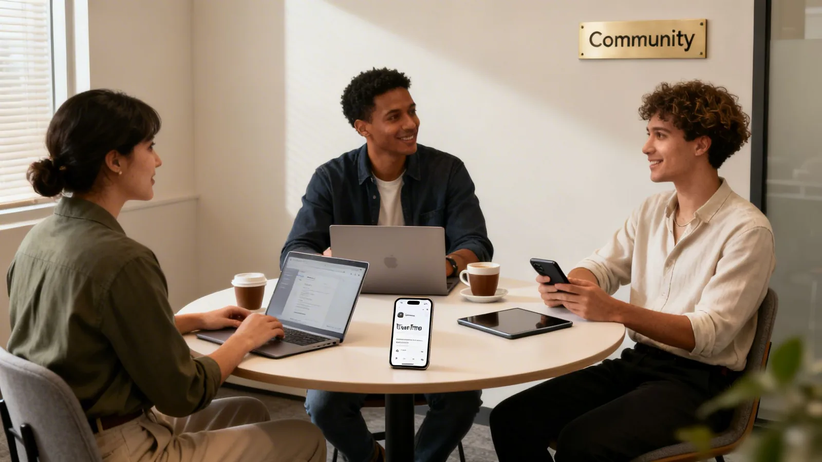 Three diverse professionals happily collaborating around a table with laptops, smartphones, and coffee.