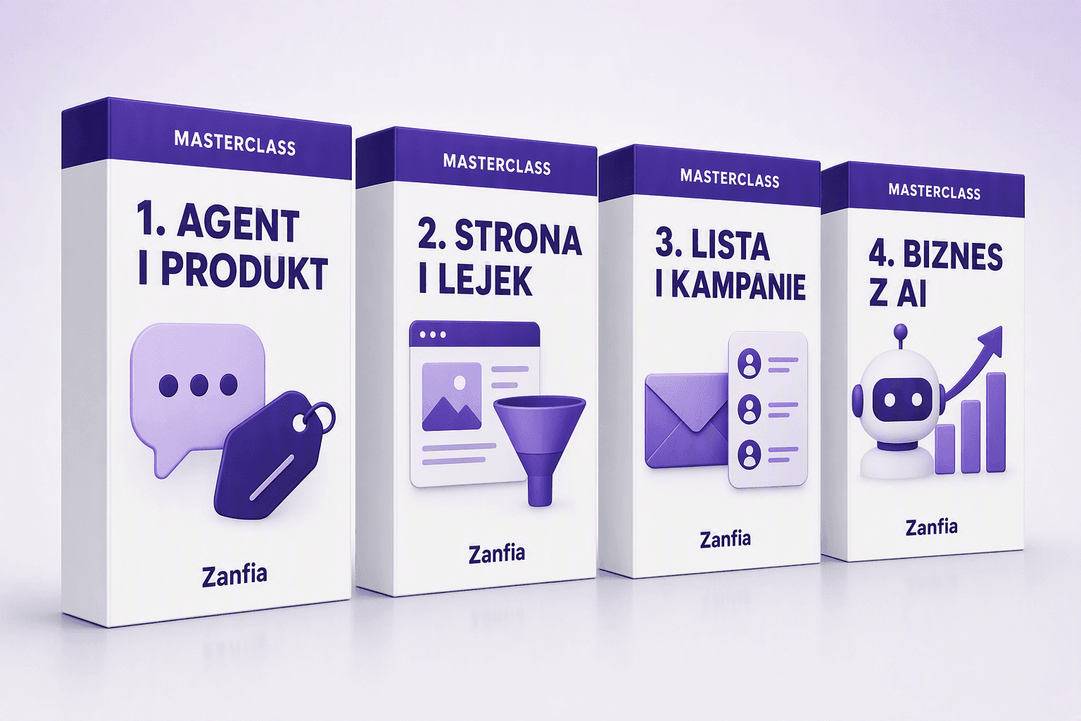 Masterclass "Jak budować biznes online z AI": cztery pudełka spotkań: Agent i produkt, Strona i lejek, Lista i kampanie, Biznes z AI