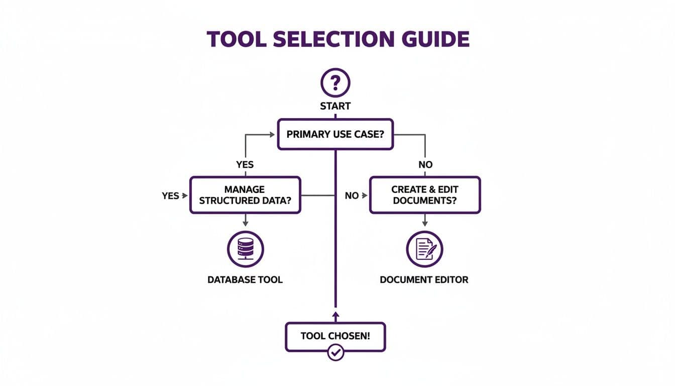 A tool selection guide flowchart helps users choose between a database tool or a document editor based on their primary use case.