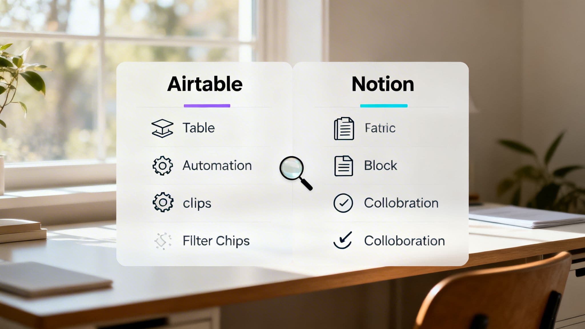 A side-by-side comparison of features for Airtable and Notion displayed on a translucent screen.