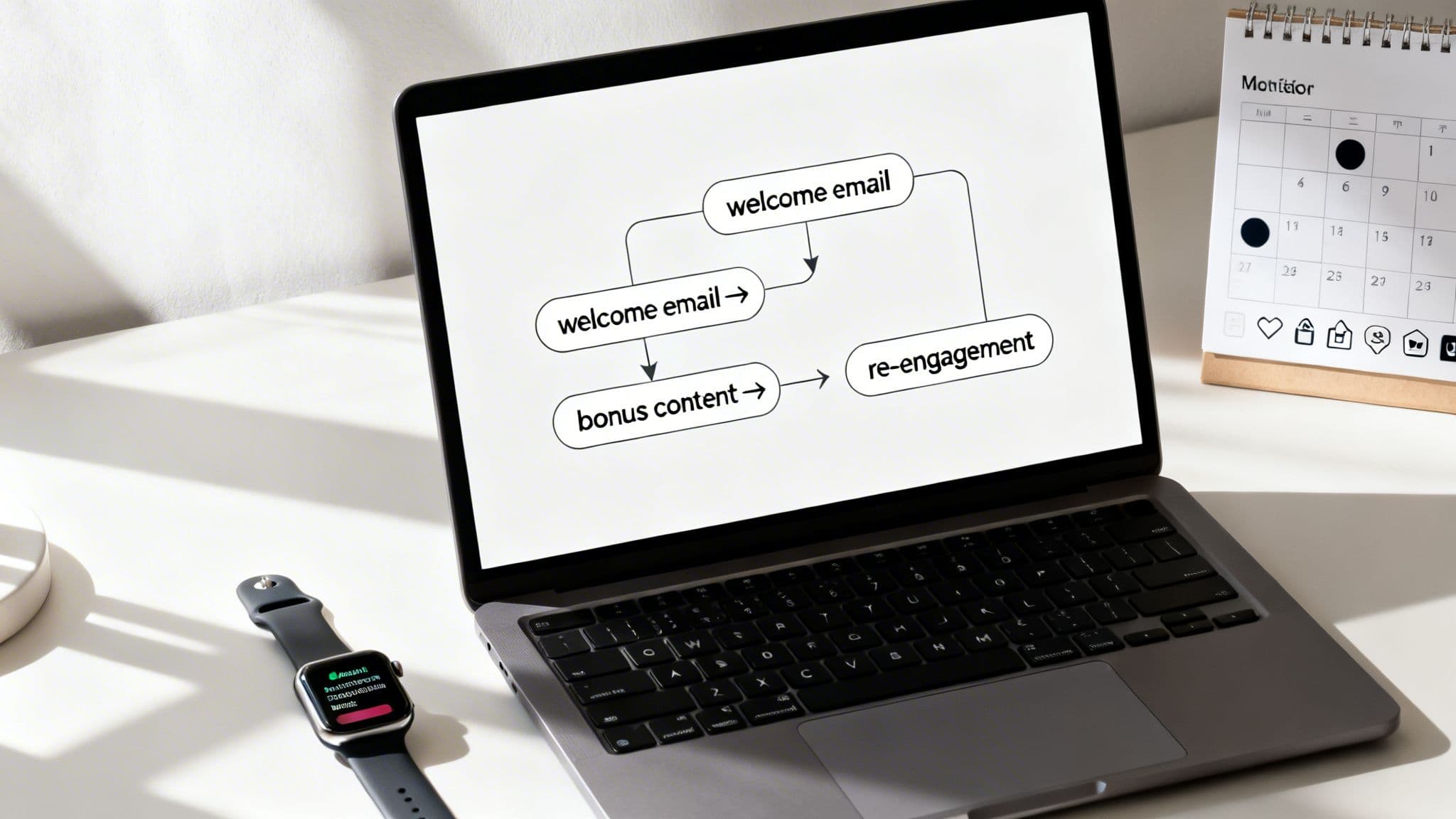 A laptop on a white desk displays an email marketing workflow flowchart, with an Apple Watch and calendar.