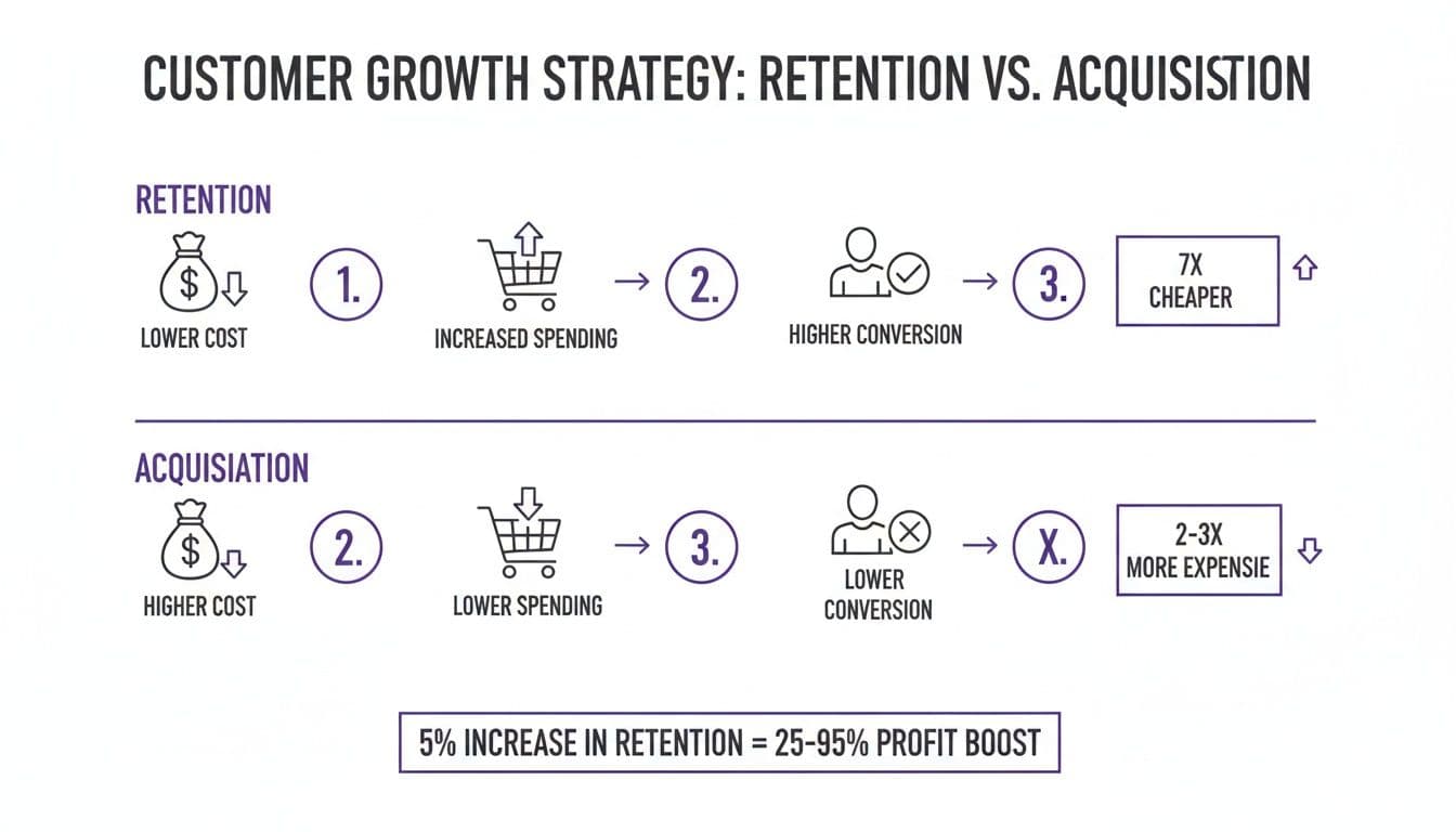 Infographic comparing customer retention benefits like lower cost and higher conversion versus acquisition's higher expense.