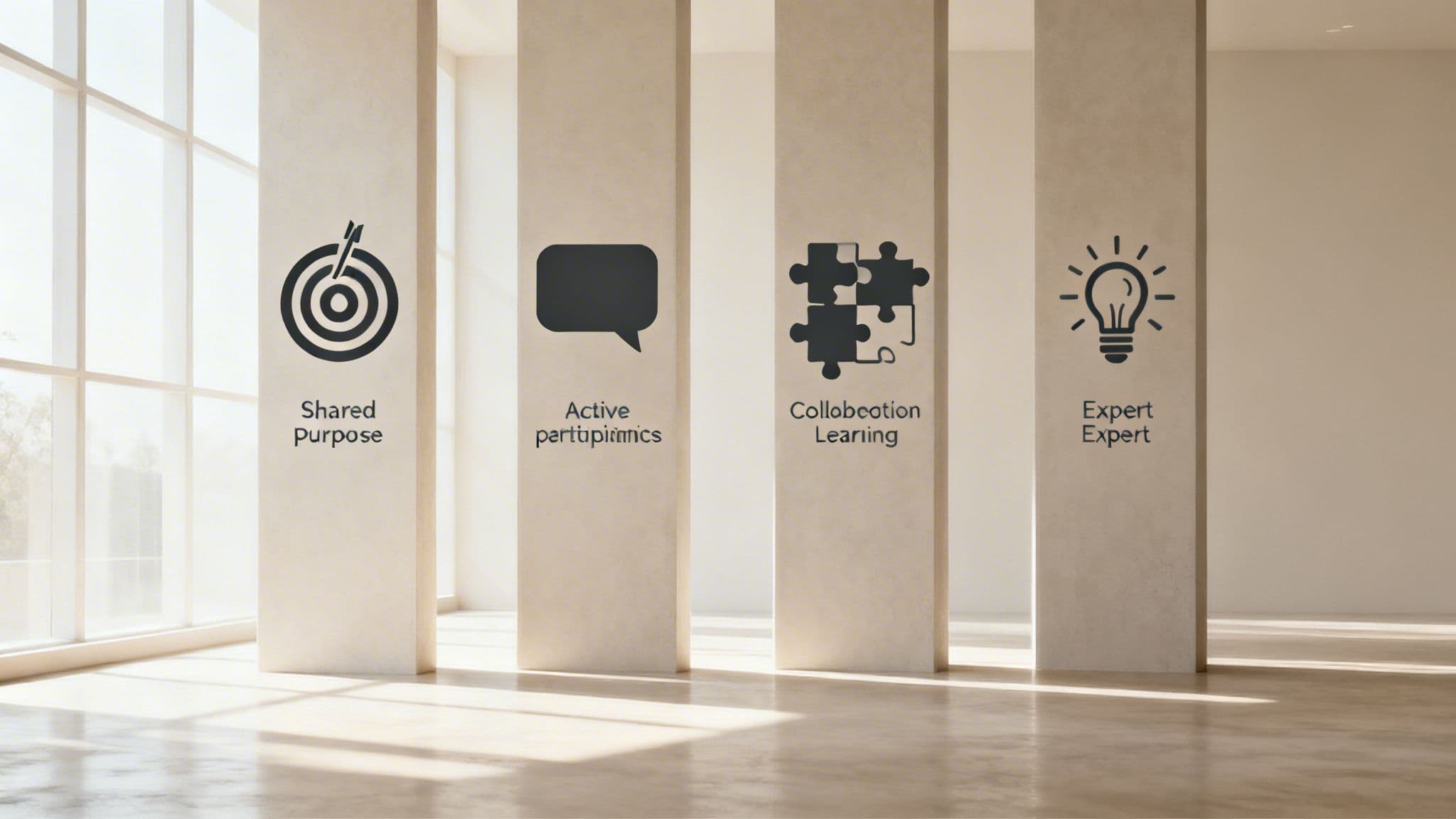 Four pillars representing shared purpose, active participation, collaboration, and expert knowledge in a bright room.