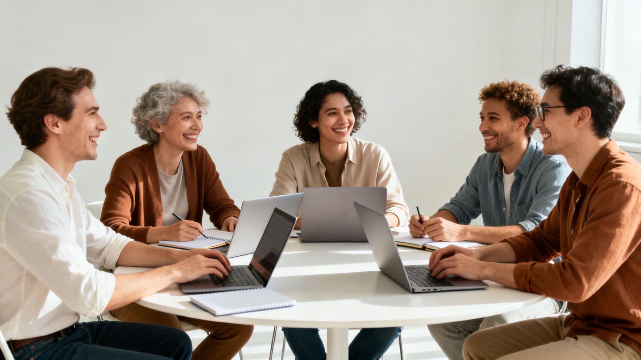 Diverse group of five smiling professionals collaborating around a table with laptops.
