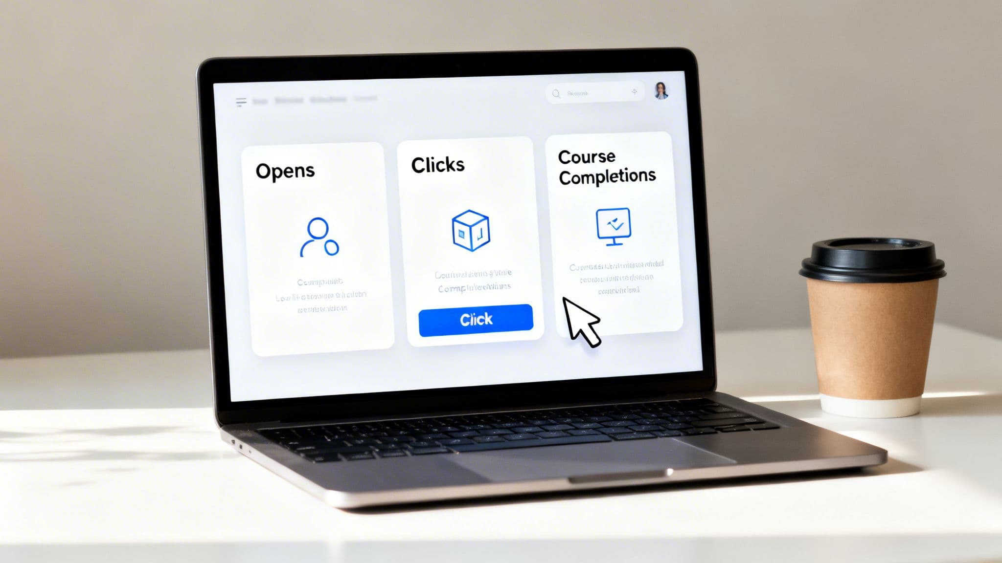 A laptop displays an e-learning dashboard with 'Opens', 'Clicks', and 'Course Completions' metrics, next to a coffee cup.