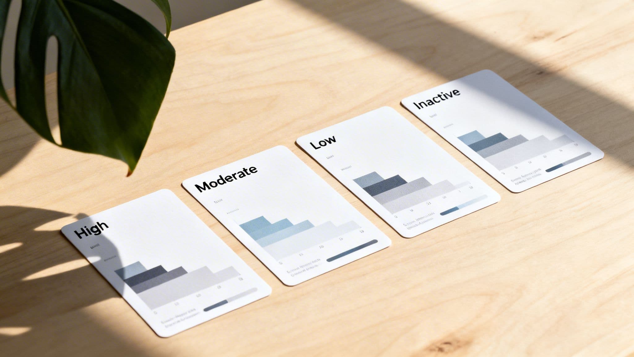 Four data segmentation cards (High, Moderate, Low, Inactive) with bar charts on a wooden table.