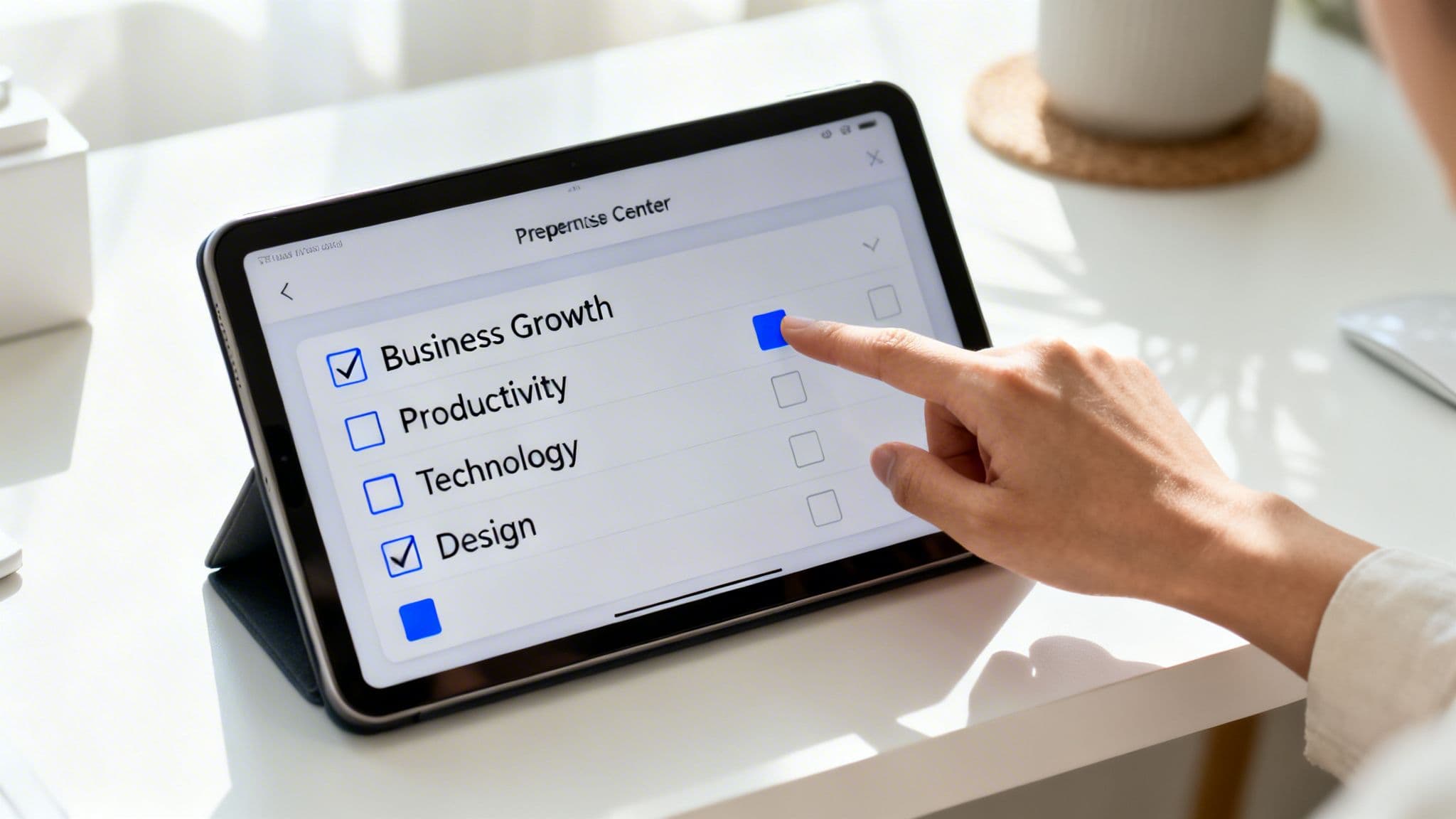 A hand selects options on a tablet screen, showing a checklist for business growth and productivity.