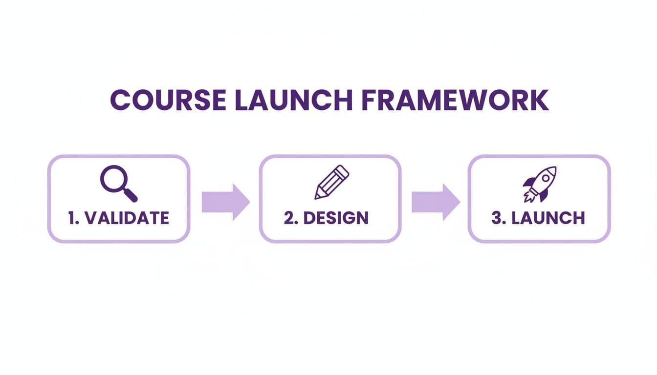 A course launch framework diagram showing three steps: validate, design, and launch, represented by icons.