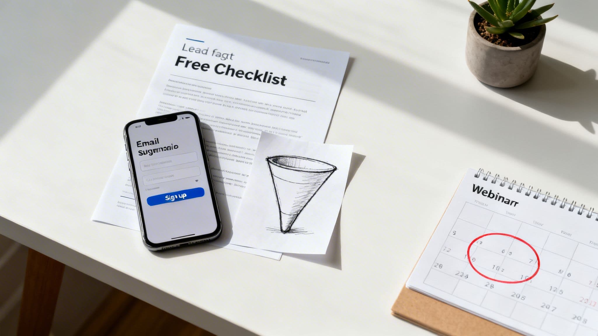 A smartphone with an email signup form, marketing checklist, lead funnel drawing, and webinar calendar on a white desk.
