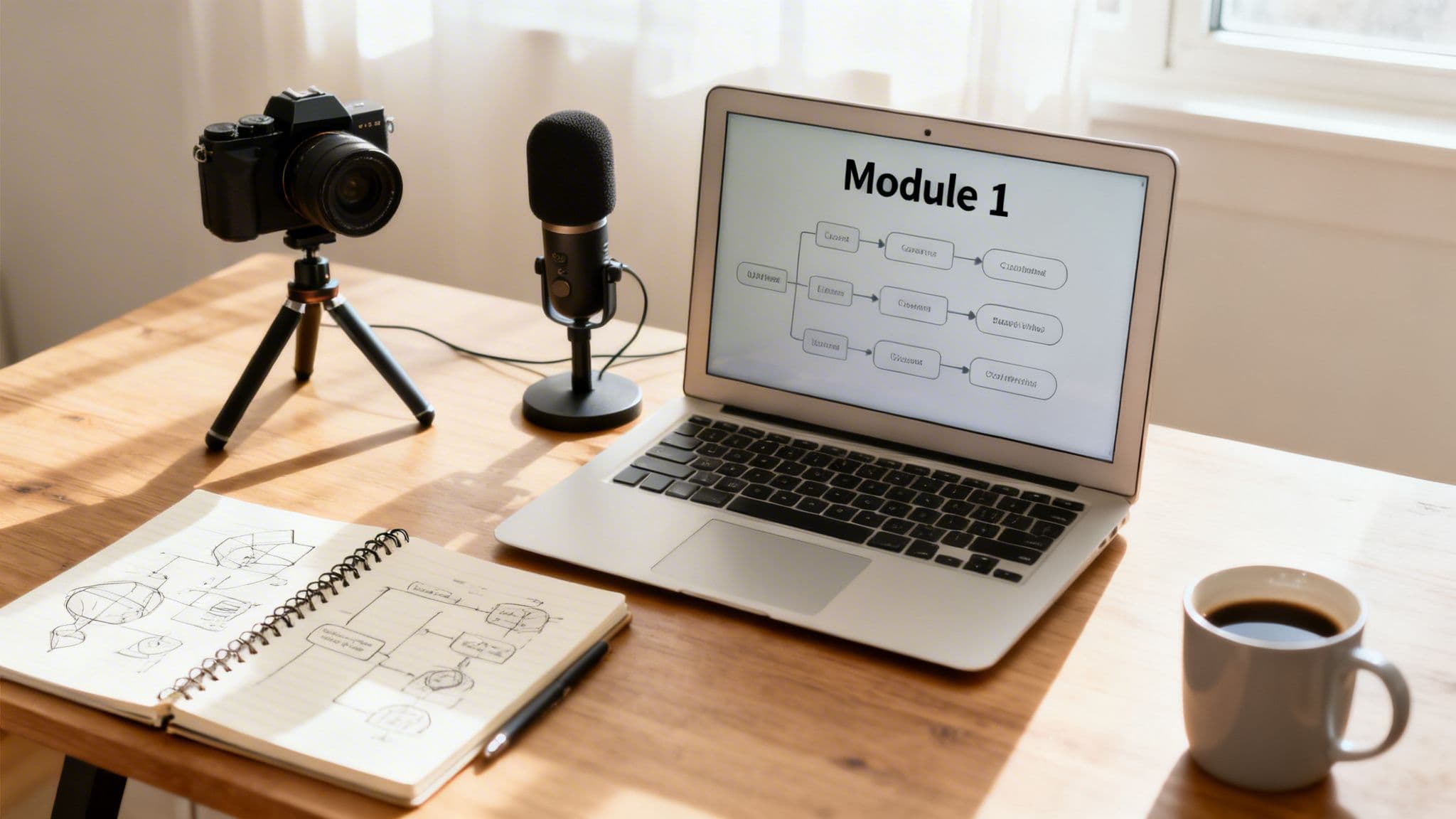 Workspace for recording an online course, featuring a camera, microphone, laptop, and notebook.