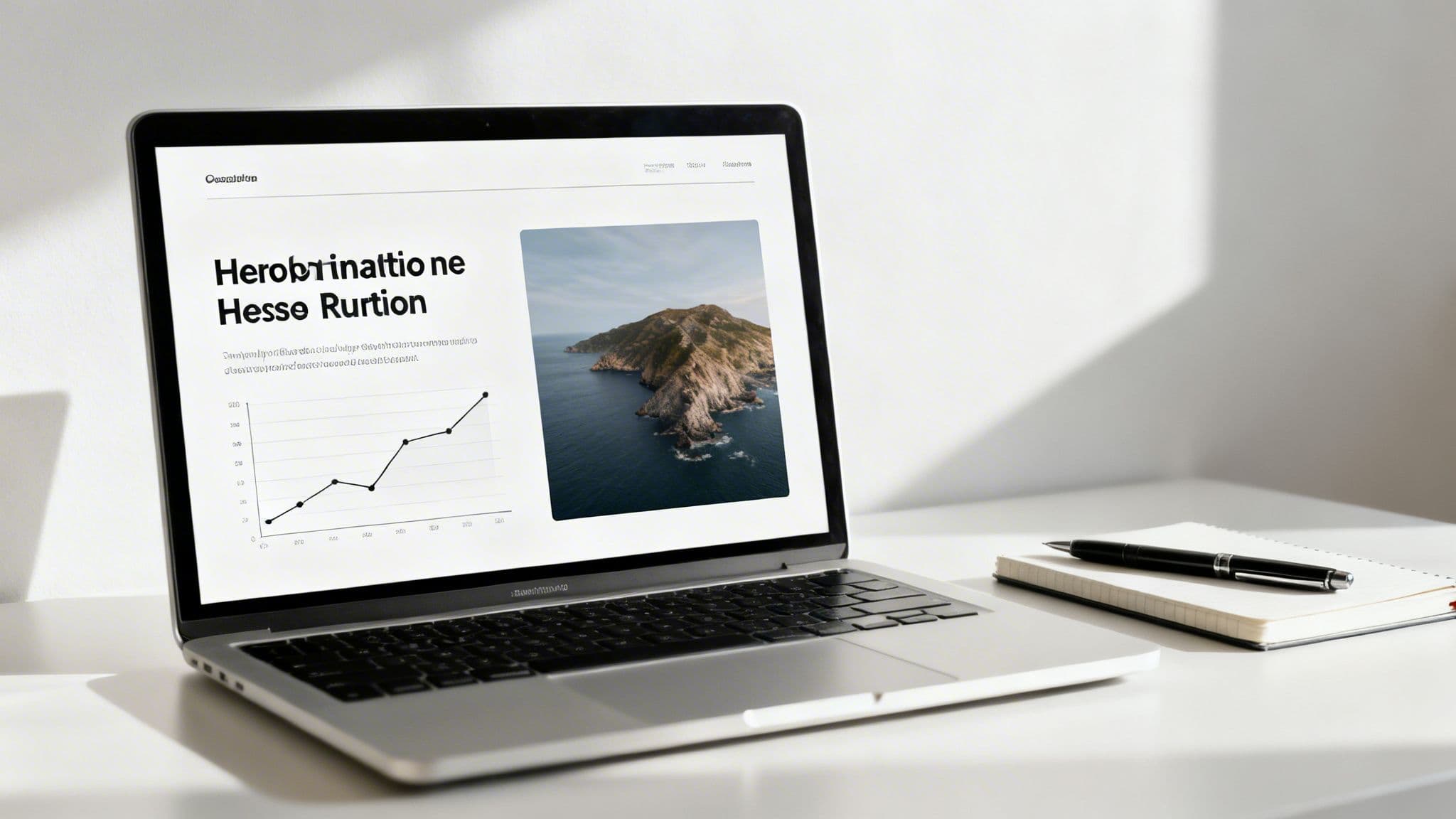 A laptop on a white desk displaying a business presentation with a graph and a landscape image, next to a notebook and pen.