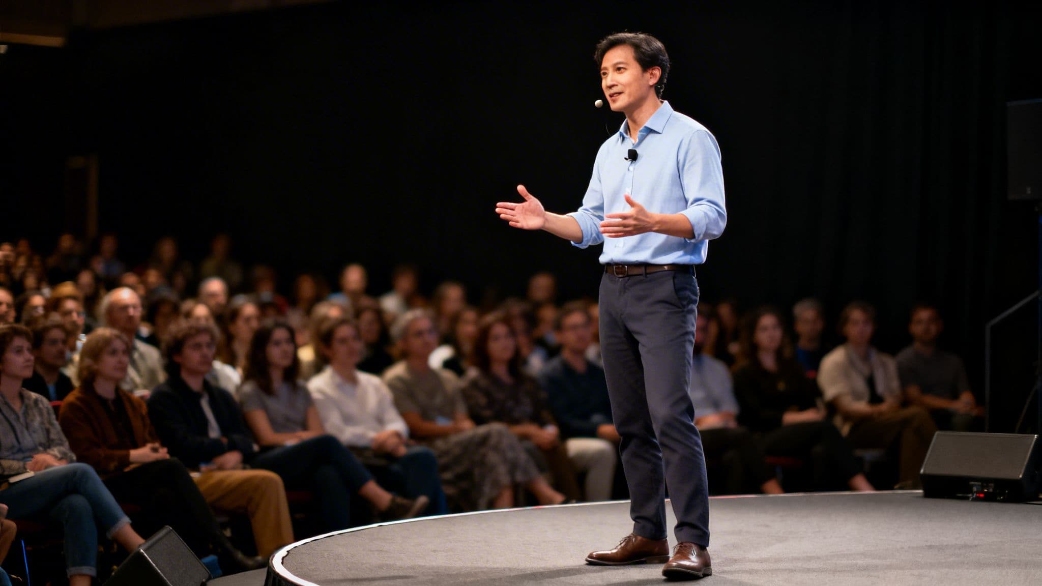 An Asian man in a light blue shirt delivering a speech on stage to an audience.