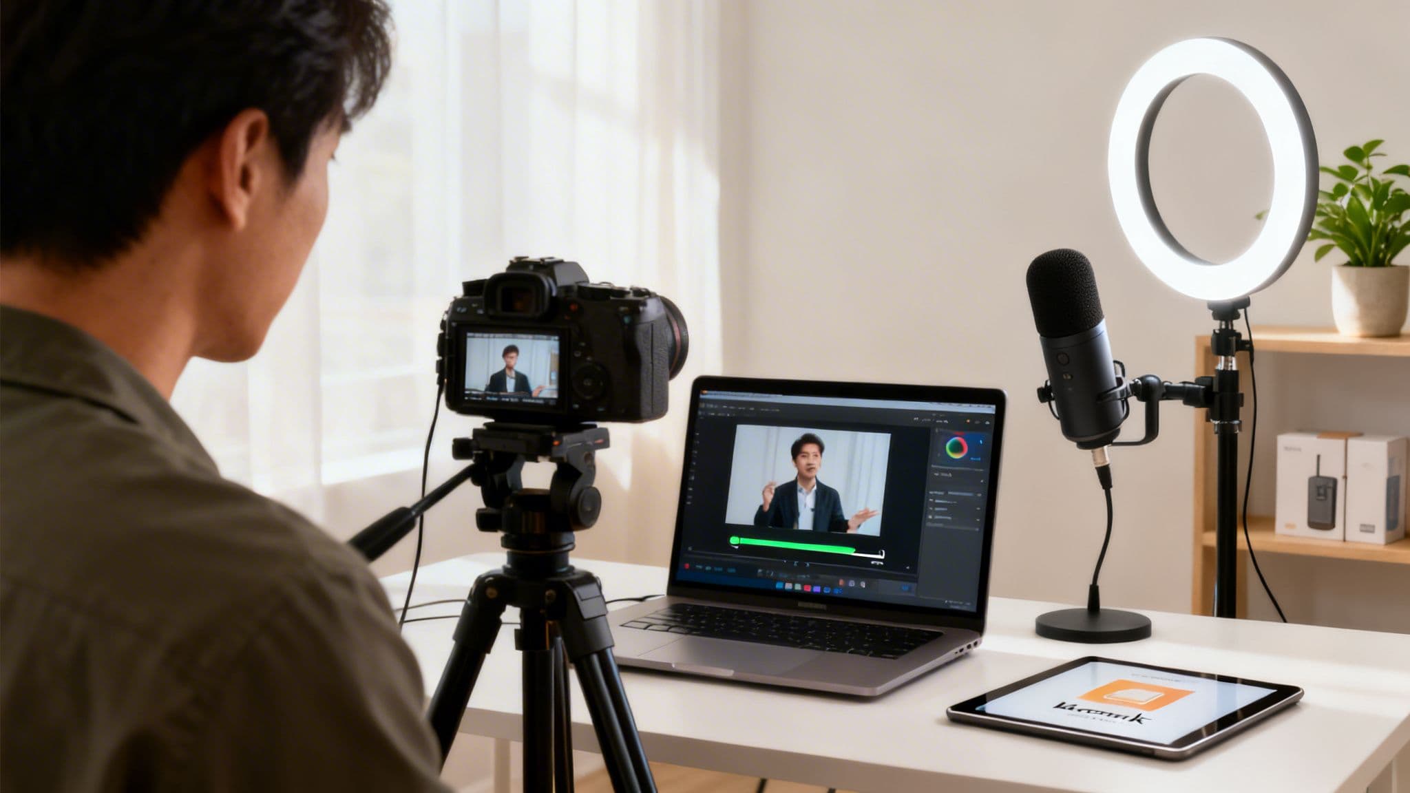Content creator working on a video production setup with camera, laptop, mic, and ring light.