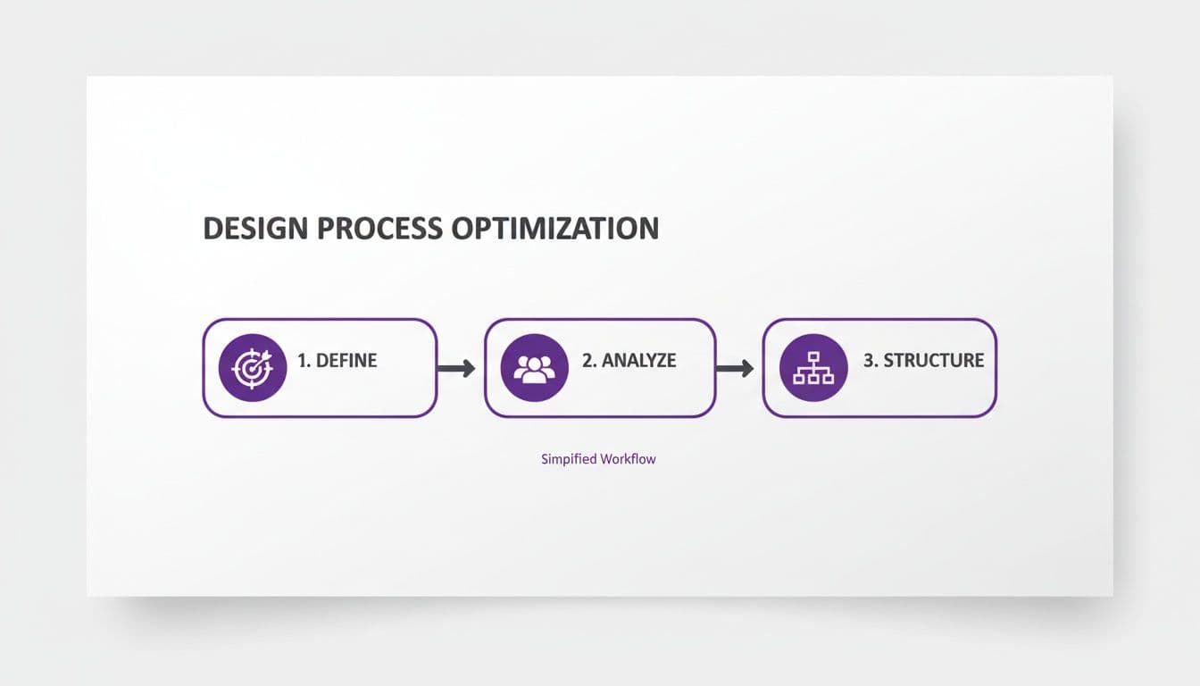 A three-step workflow diagram illustrating design process optimization with Define, Analyze, and Structure.
