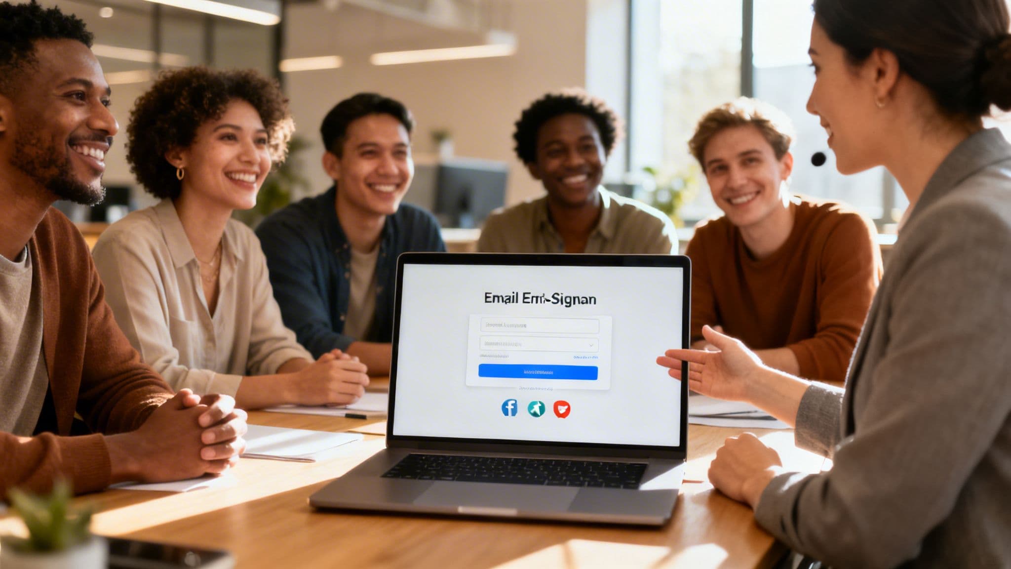 A diverse group of young professionals smiling and looking at a laptop screen during a meeting, discussing a login page.