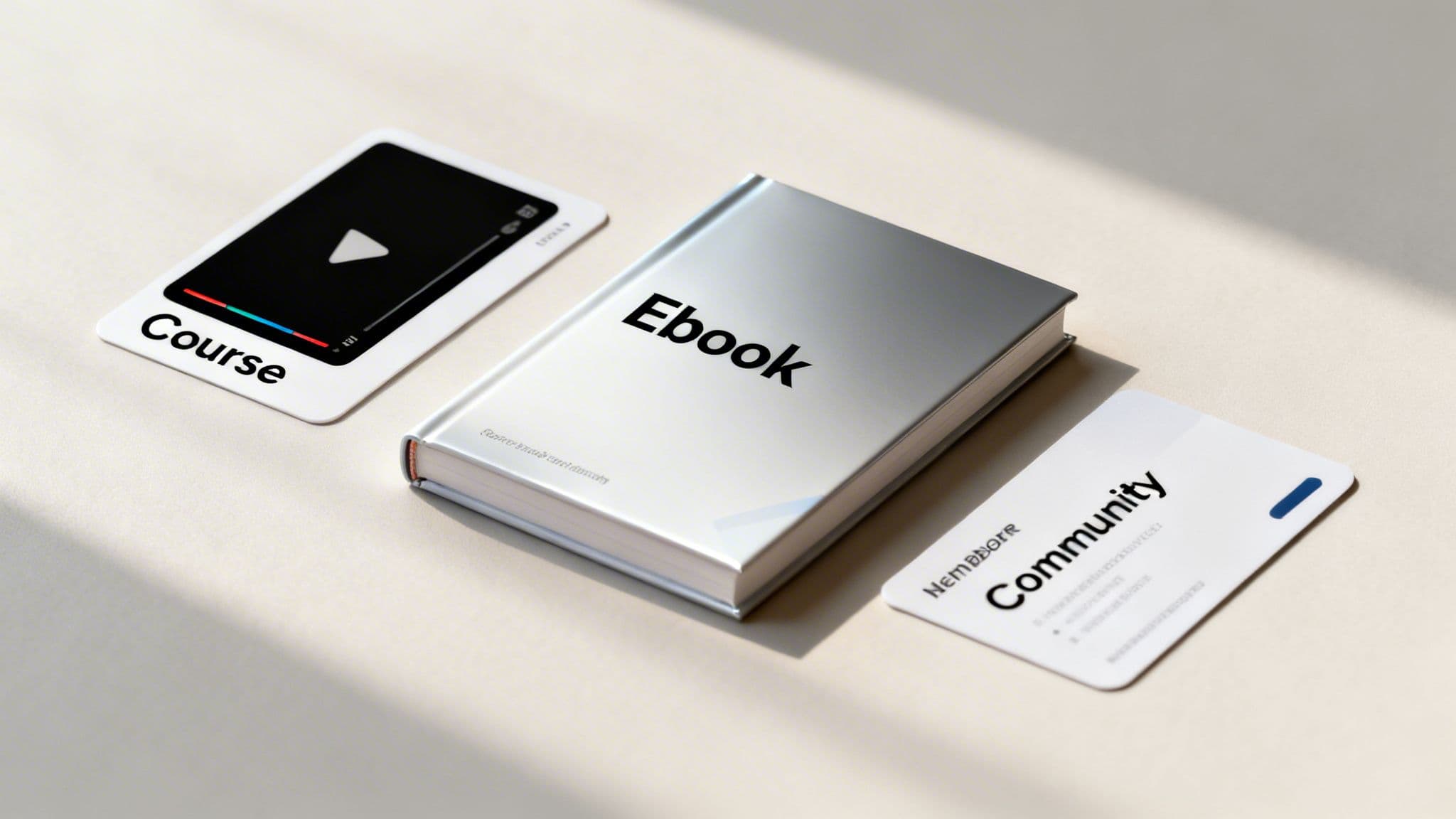 A flat lay of digital products: an online course card, an ebook, and a community membership card.