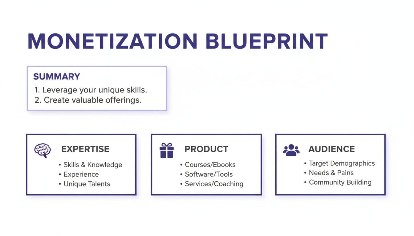 A monetization blueprint diagram detailing expertise, product types, and audience considerations for income generation.