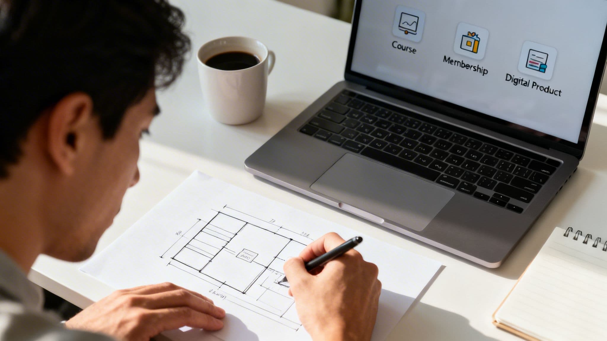 Young man sketching a floor plan at a desk with a laptop showing digital product options.