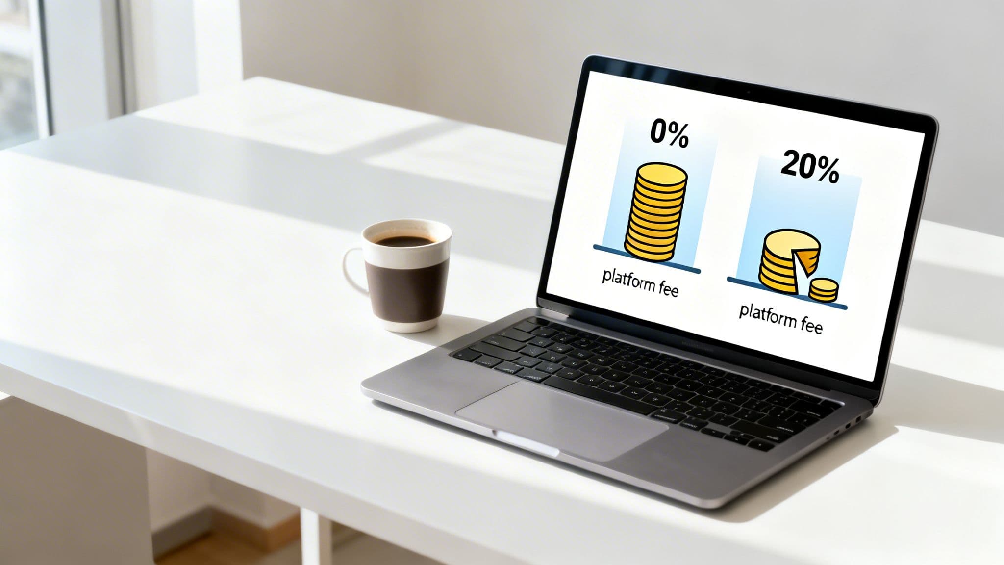 A laptop displays a graphic comparing 0% and 20% platform fees next to a coffee cup on a white desk.