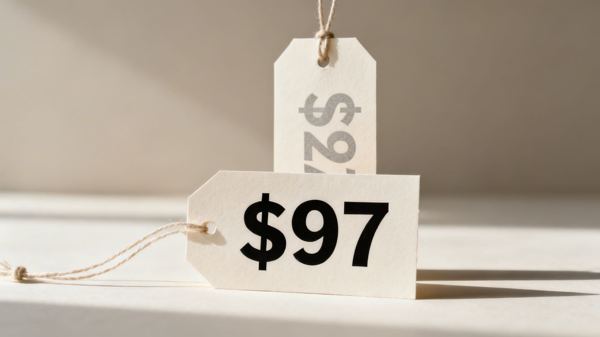 Two cream-colored price tags with twine, one clearly displaying '$97' in black font.