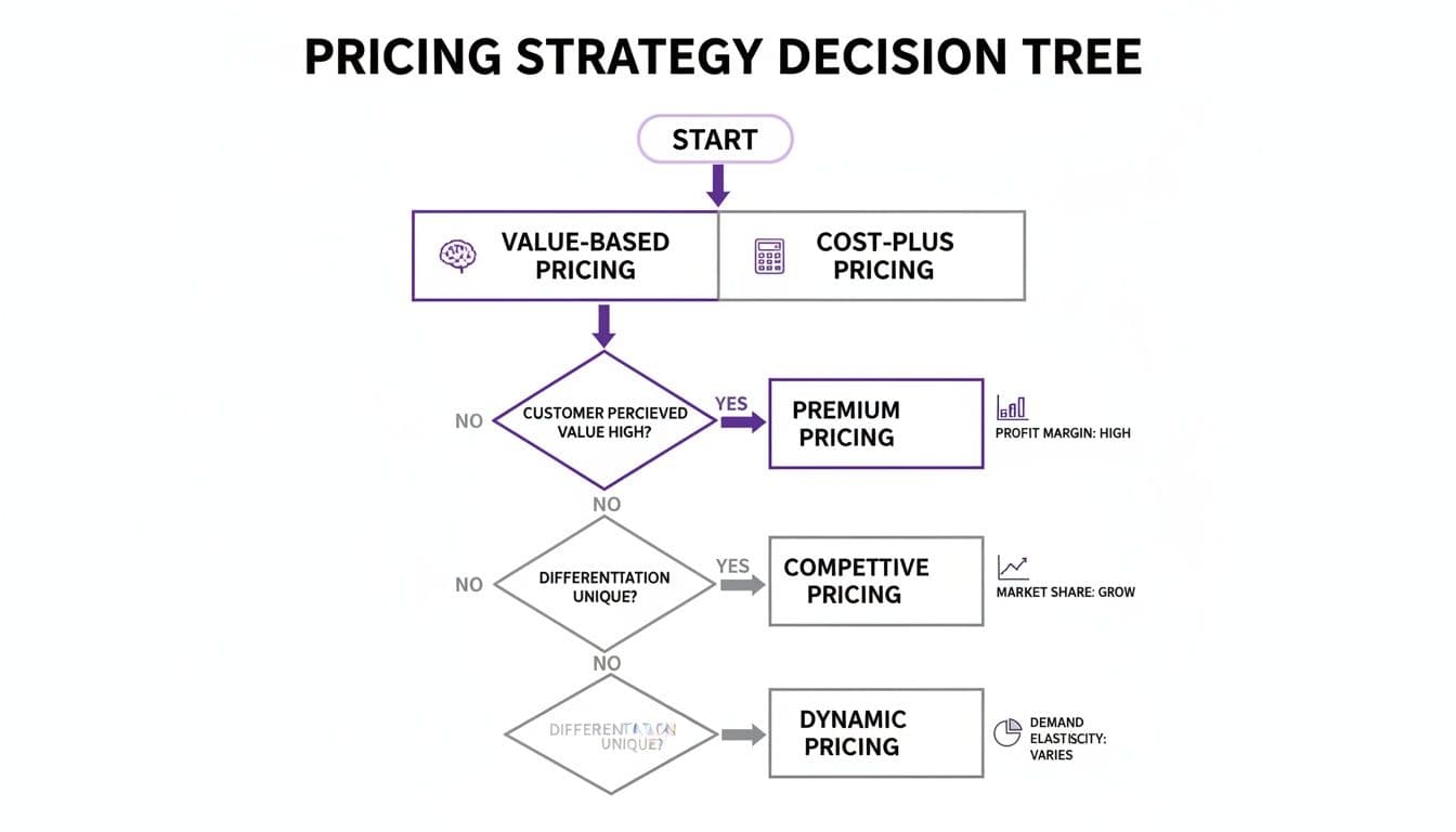 A flowchart diagram outlining a pricing strategy decision tree, from start to different pricing models.