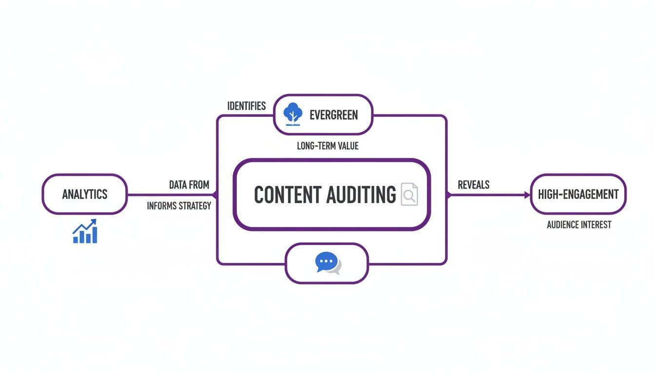Flowchart showing how content auditing uses analytics to find evergreen and high-engagement content.