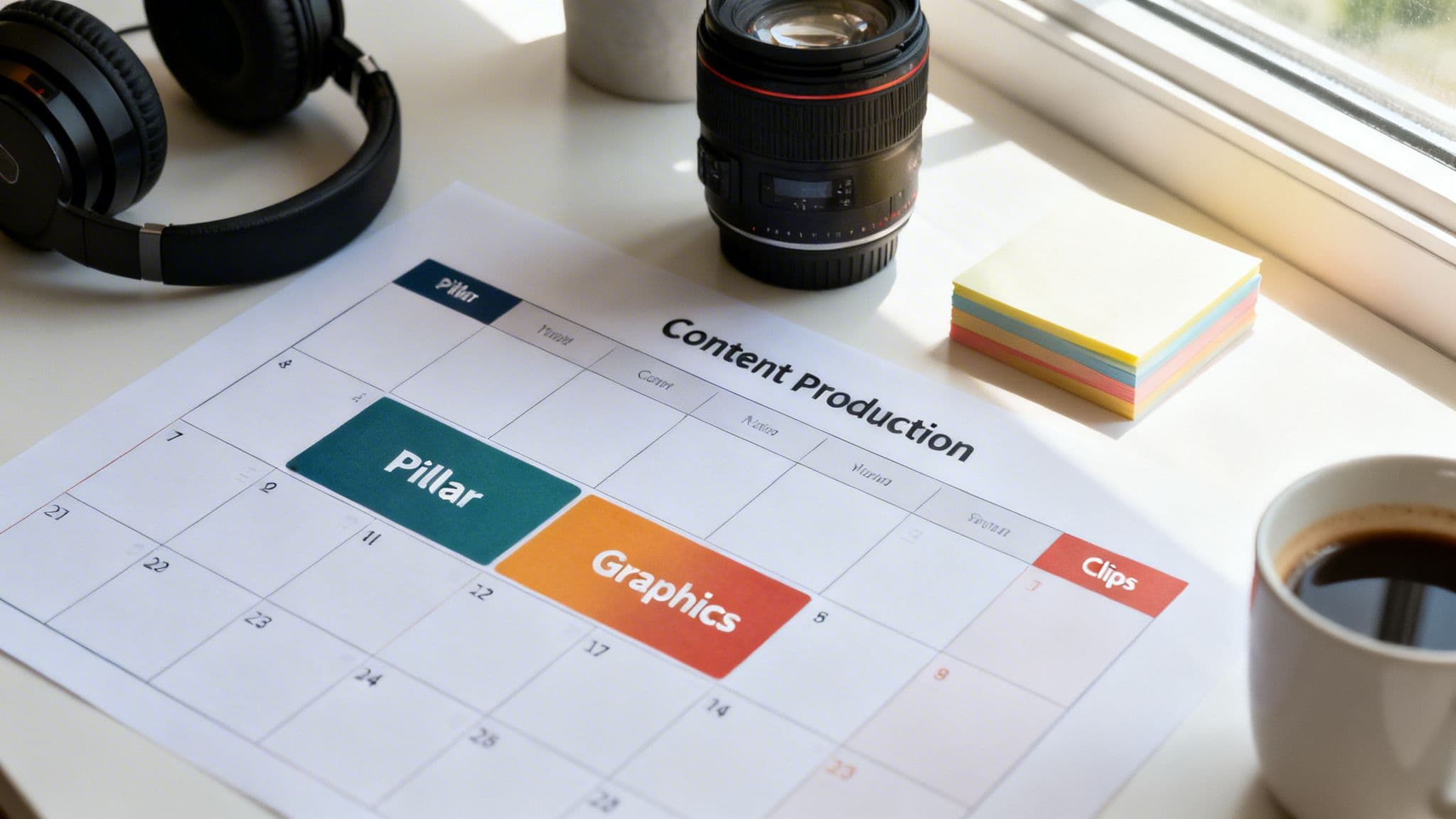A content production calendar on a desk with headphones, camera lens, sticky notes, and coffee.