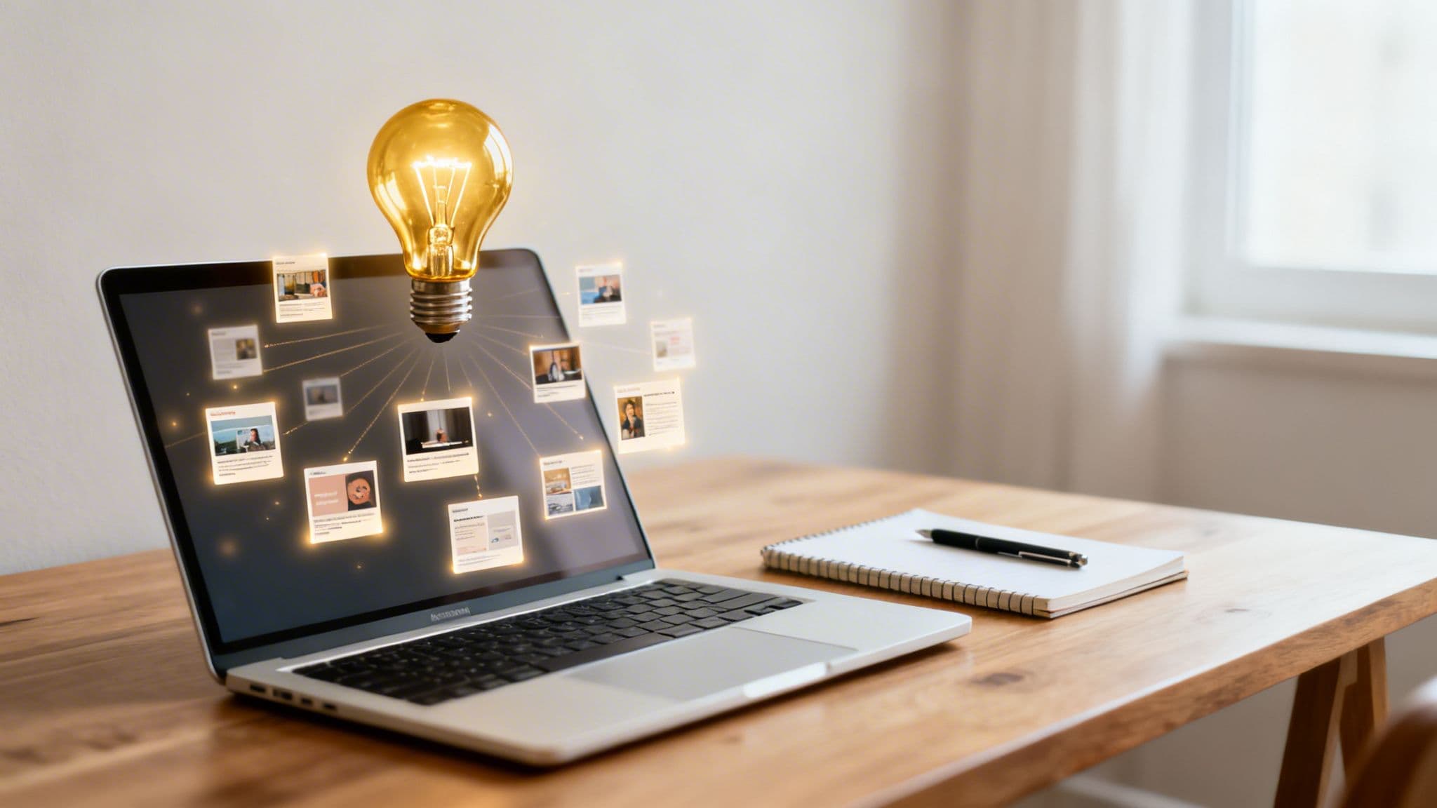 A bright lightbulb emerging from a laptop, displaying a network of glowing digital content ideas on a wooden desk.