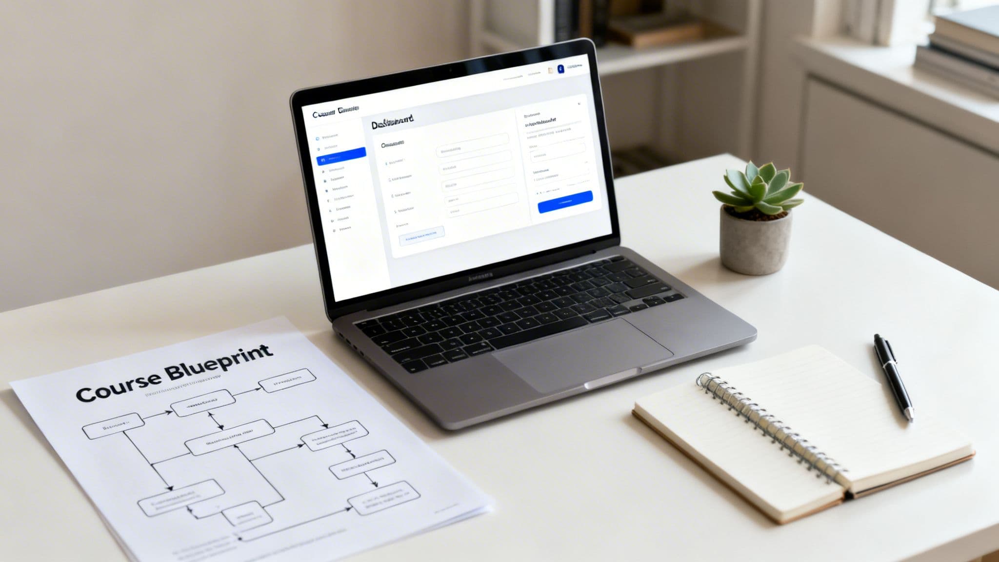 A laptop displaying a course dashboard, a 'Course Blueprint' document, a notebook, and a plant on a desk.