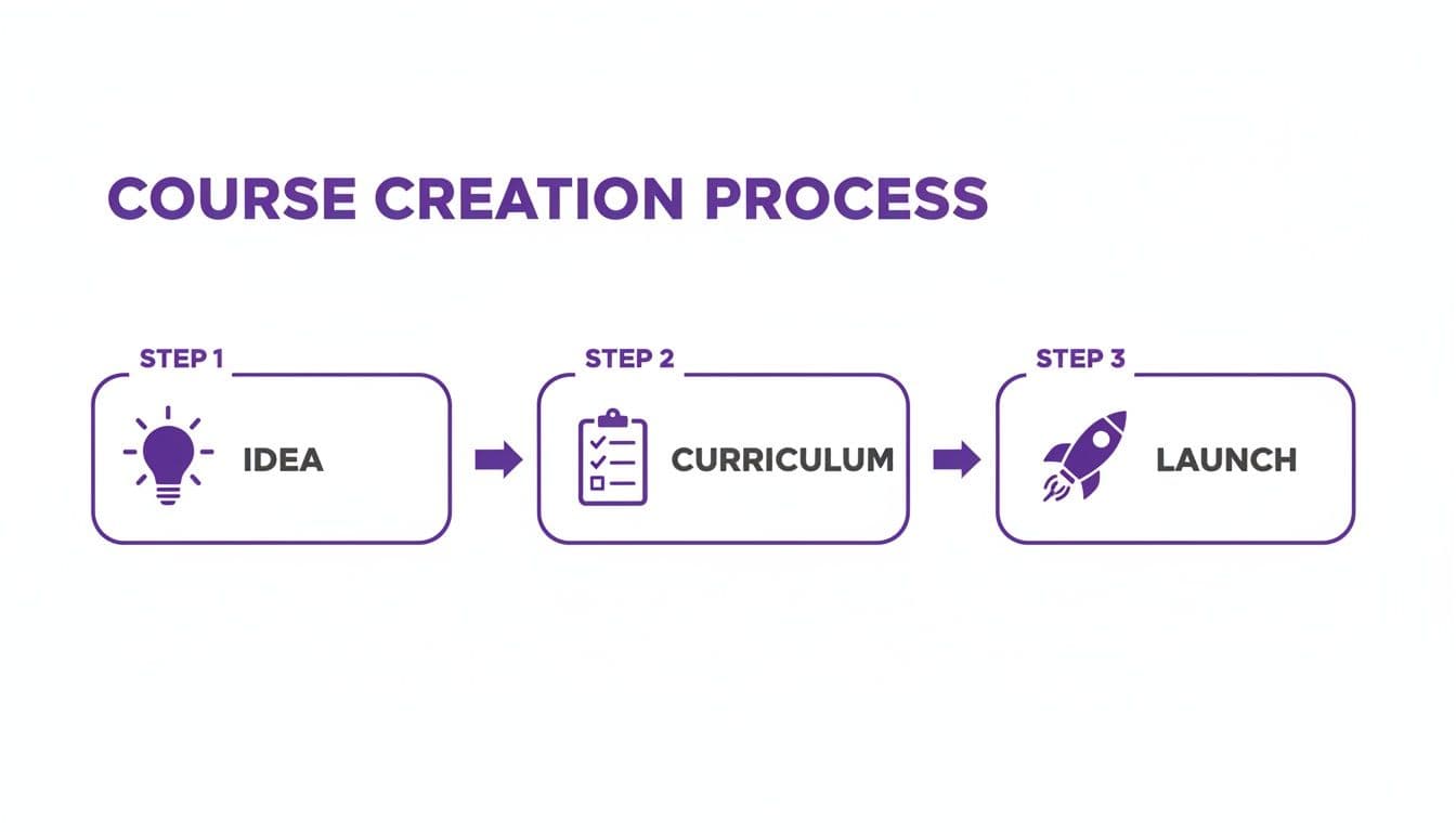 Diagram illustrating a three-step course creation process: Idea, Curriculum, and Launch.