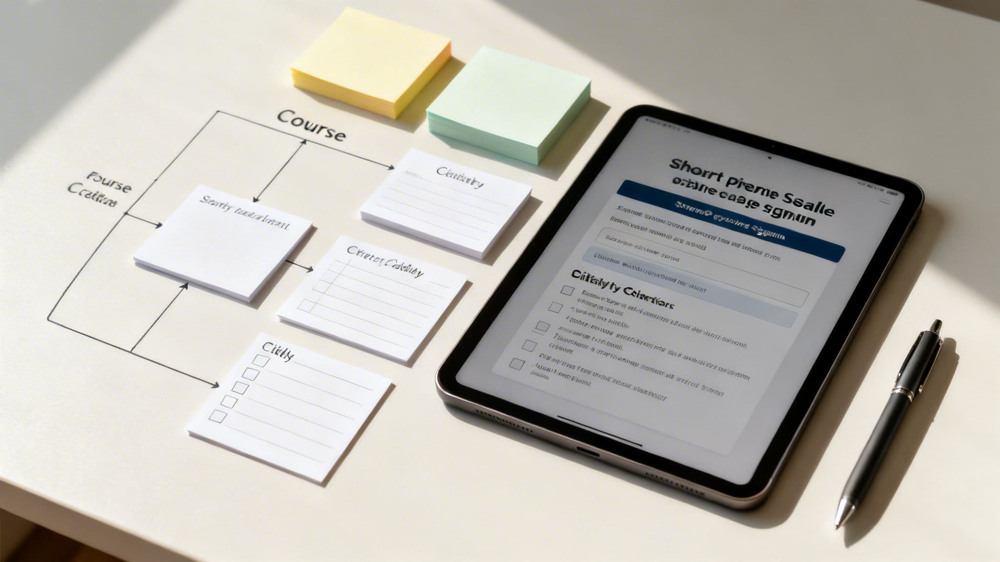 A diagram with sticky notes outlining a course creation process next to a tablet and pen.