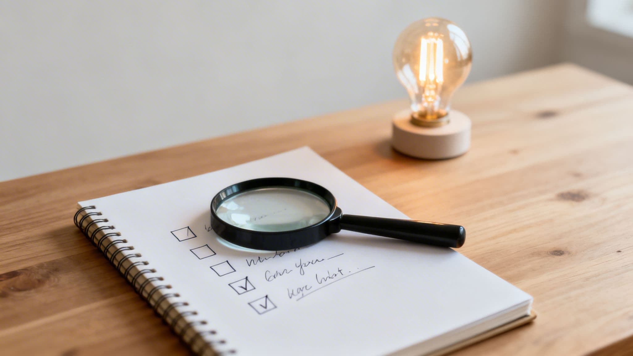 A magnifying glass and a checklist notebook on a wooden desk with a glowing Edison bulb.