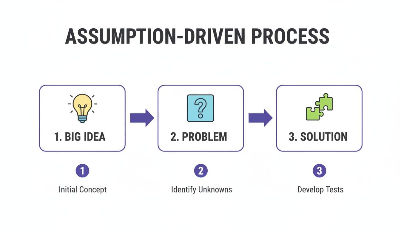 Flowchart illustrating an assumption-driven process for idea validation, showing big idea, problem, and solution steps.