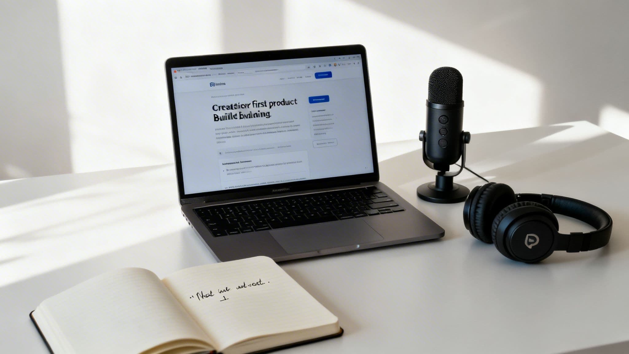 A creative workspace with a laptop, microphone, headphones, and an open notebook on a white desk.