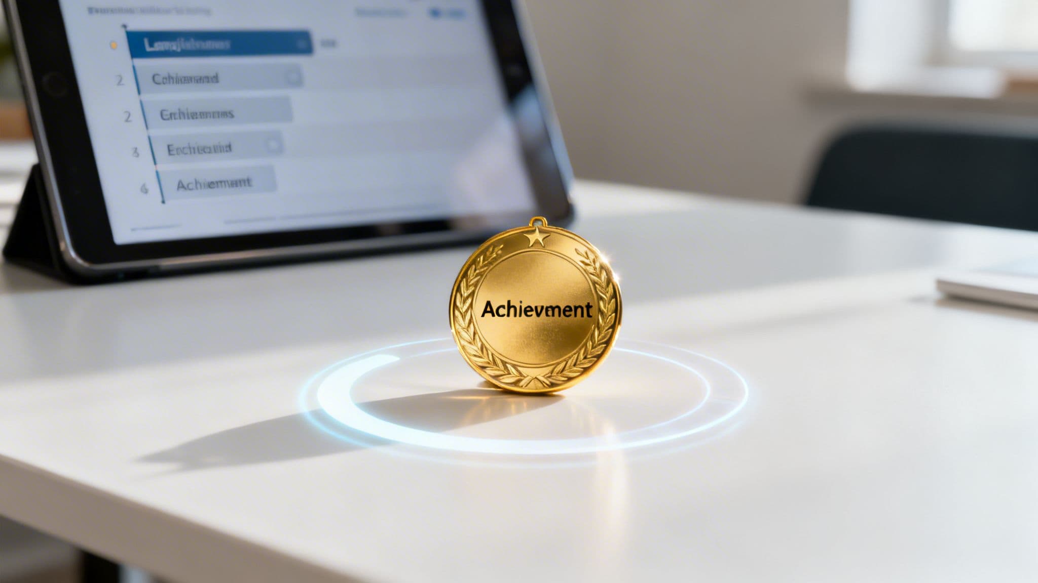 Shiny gold medal with 'Achievement' text on a white table, next to a tablet showing progress.