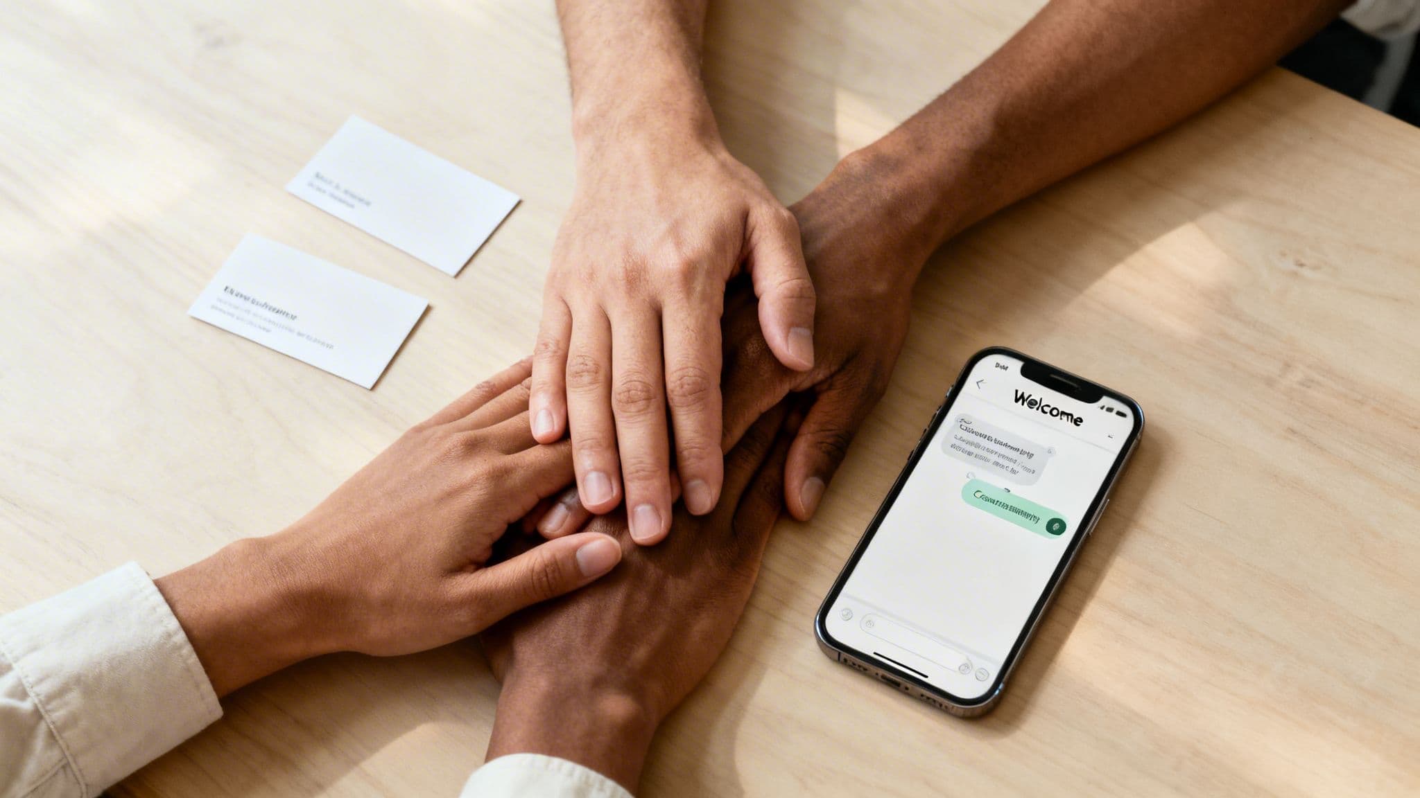 Two people with different skin tones hold hands on a wooden table, beside a smartphone displaying a 'Welcome' chat message.