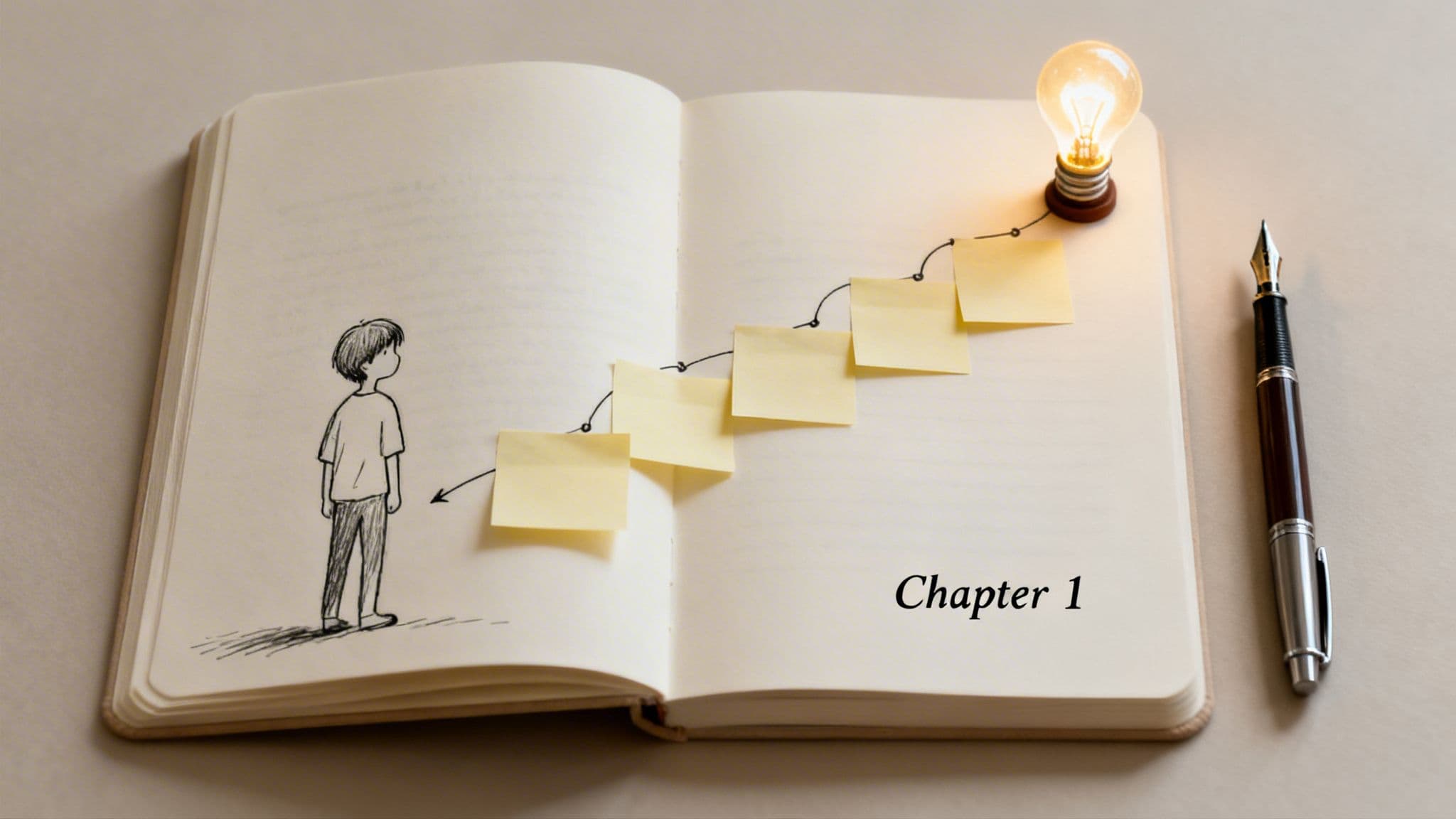 A drawing of a person, sticky notes, and a light bulb representing progress in a notebook, with 'Chapter 1'.