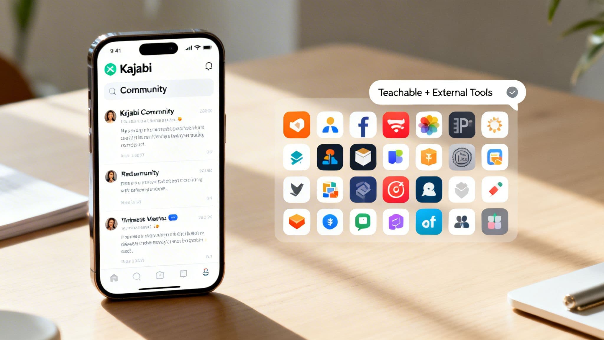 An iPhone displays the Kajabi app community feed, next to a bubble of app icons for Teachable and external tools.