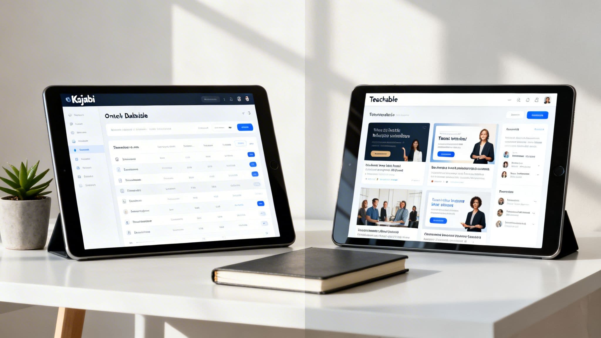 Two tablets showcasing Kajabi and Teachable online course platforms side-by-side on a desk.