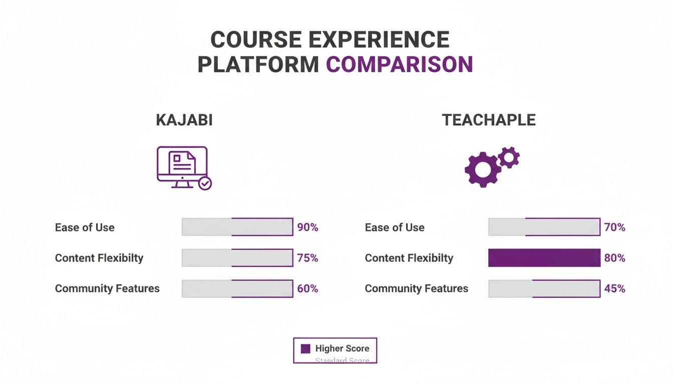 Comparison chart showing Kajabi vs Teachaple course platforms' scores for ease of use, content flexibility, and community features.