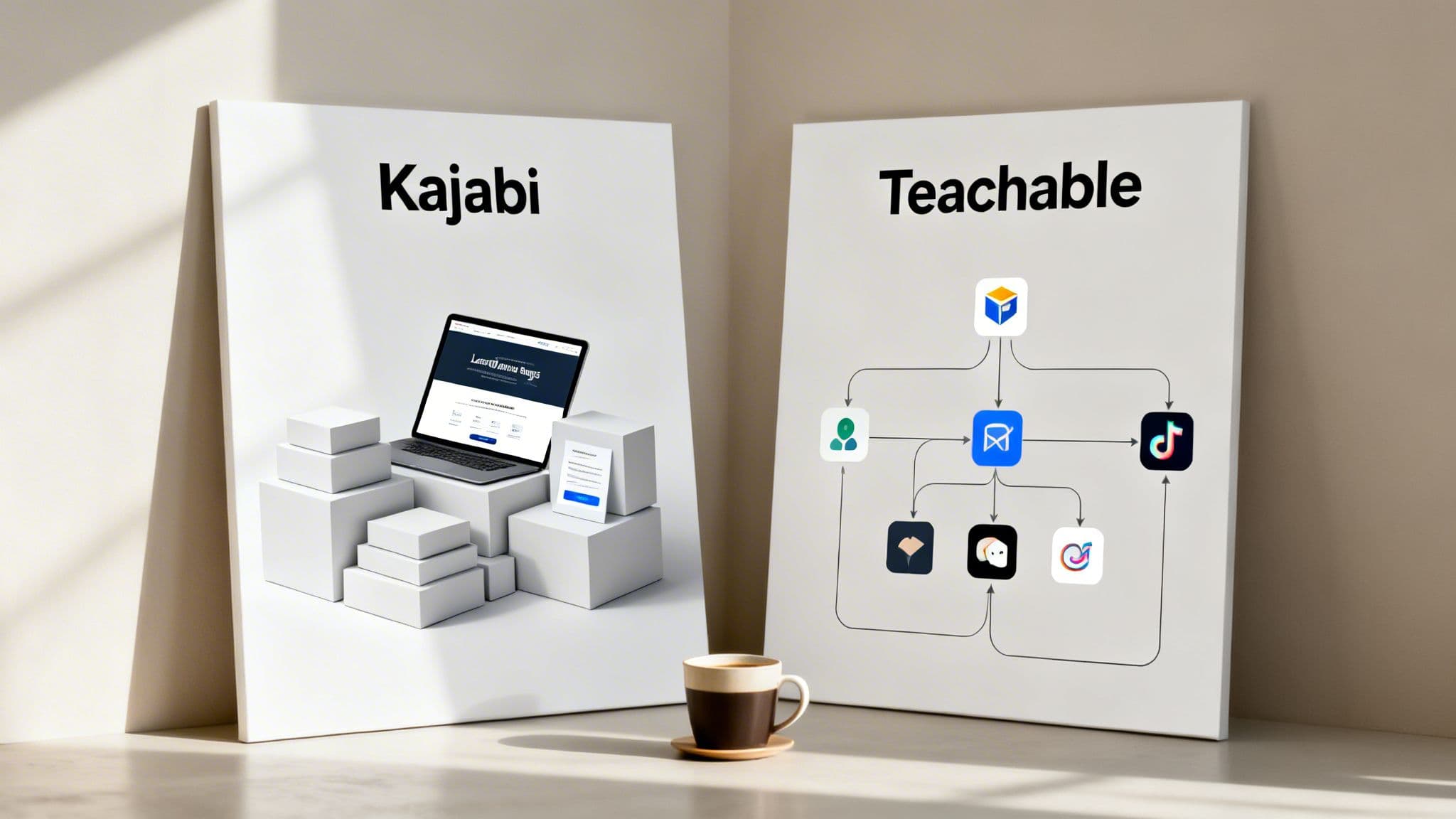 Two canvases comparing Kajabi and Teachable, illustrating product offerings and platform integrations.