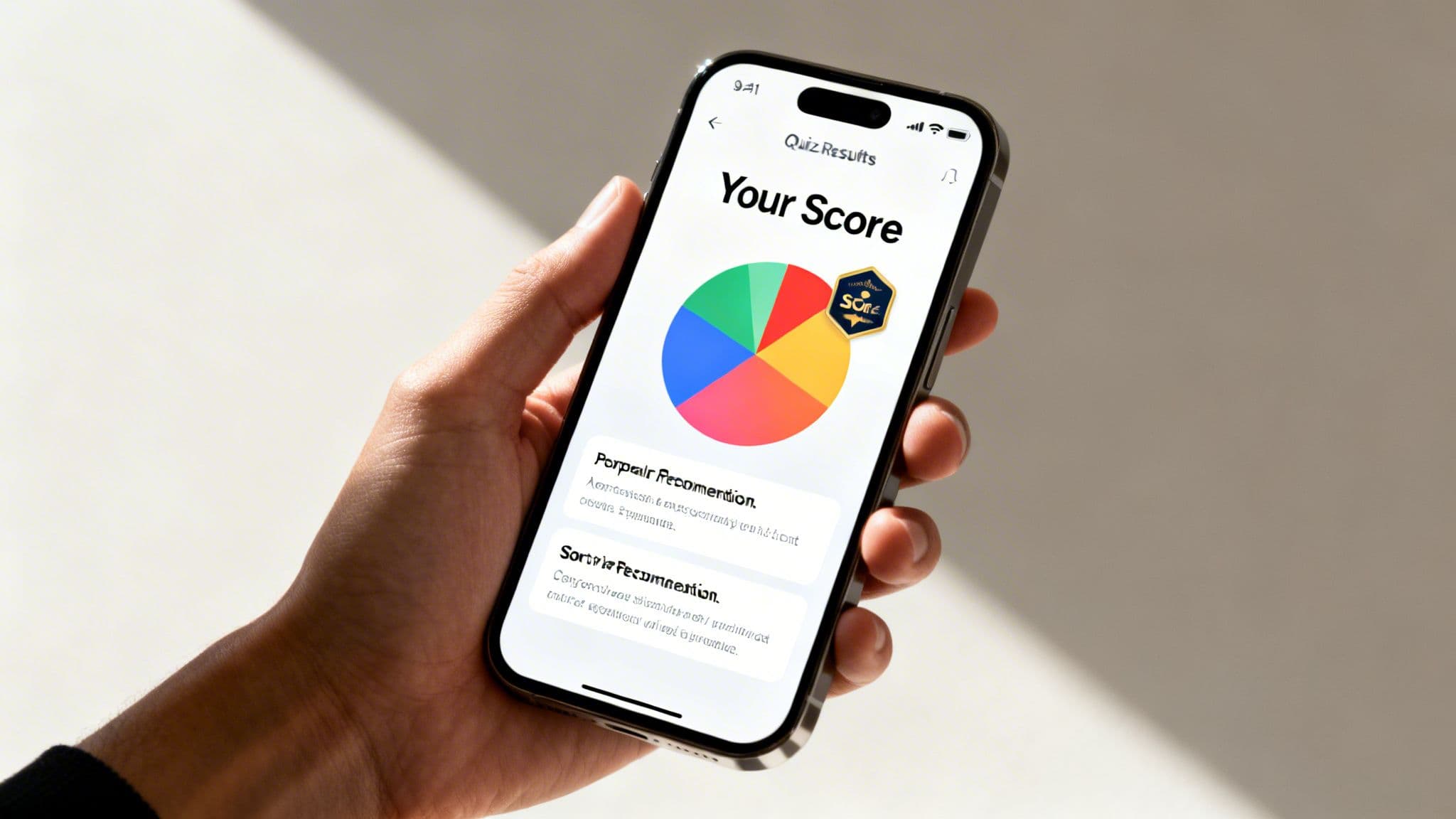 A hand holds a smartphone displaying quiz results, showing a colorful pie chart and recommendations.