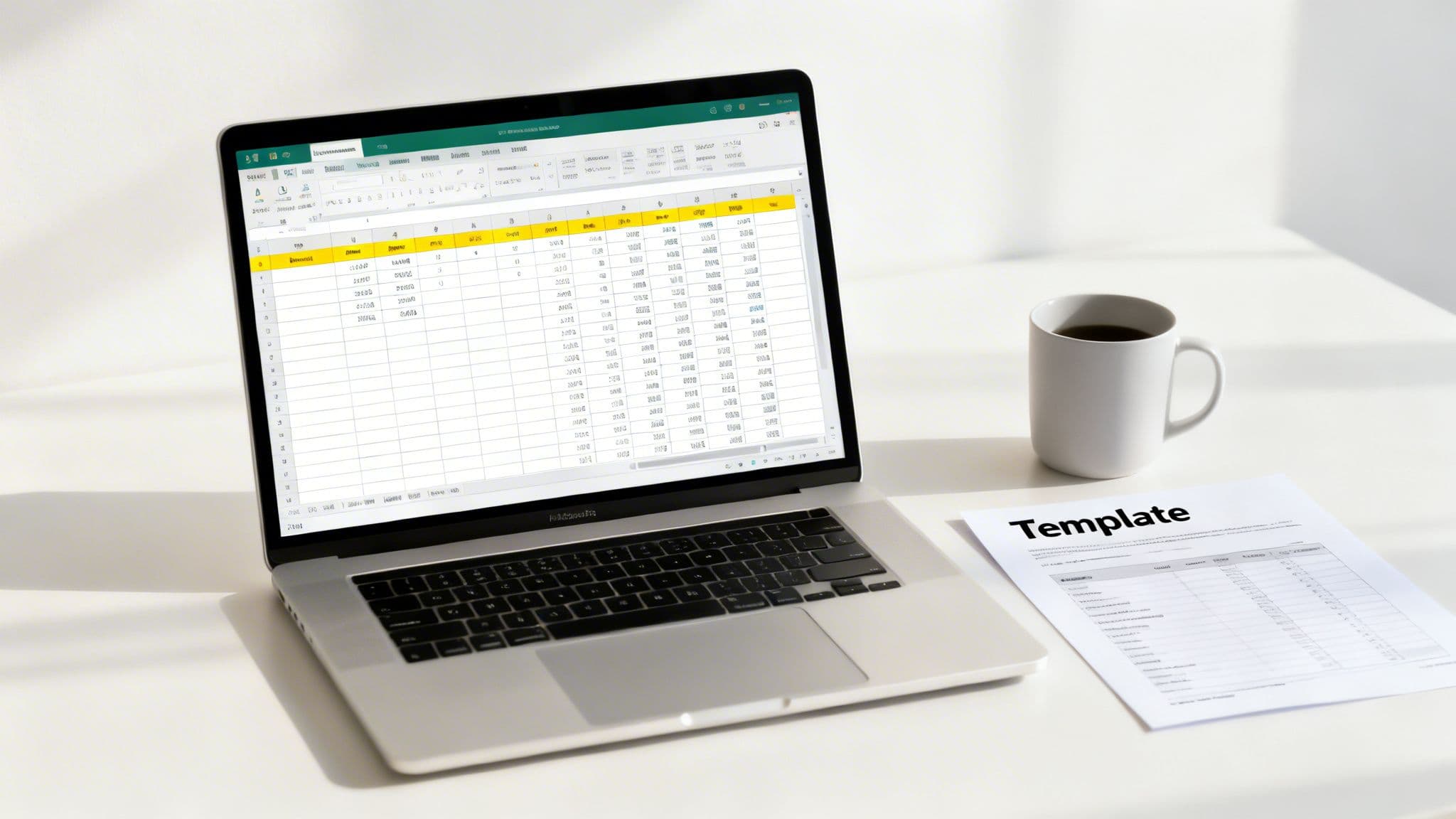 A laptop displaying a financial spreadsheet on a white desk, accompanied by a coffee mug and a template document.