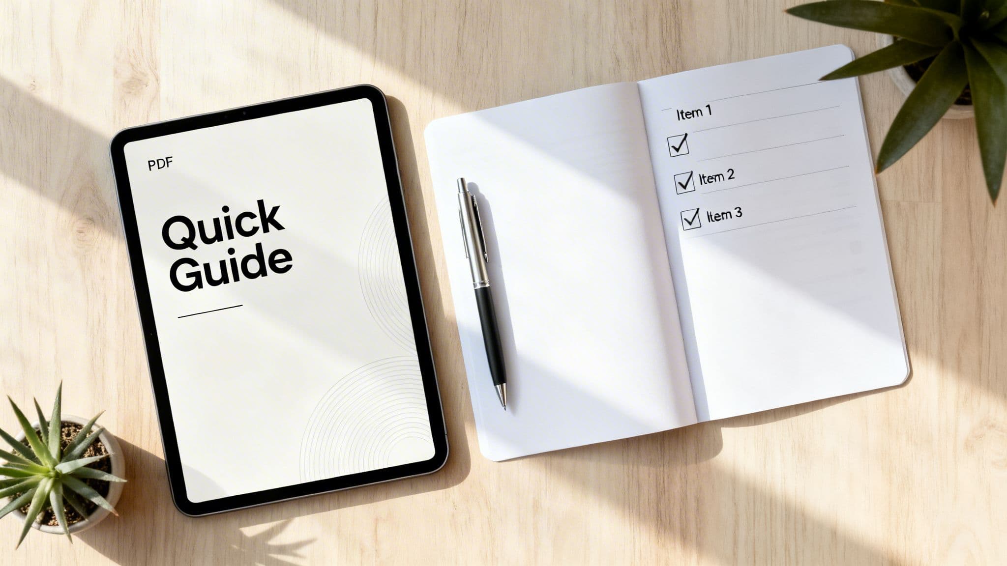 Flat lay of a digital Quick Guide PDF on a tablet next to a notebook with a checklist and pen.
