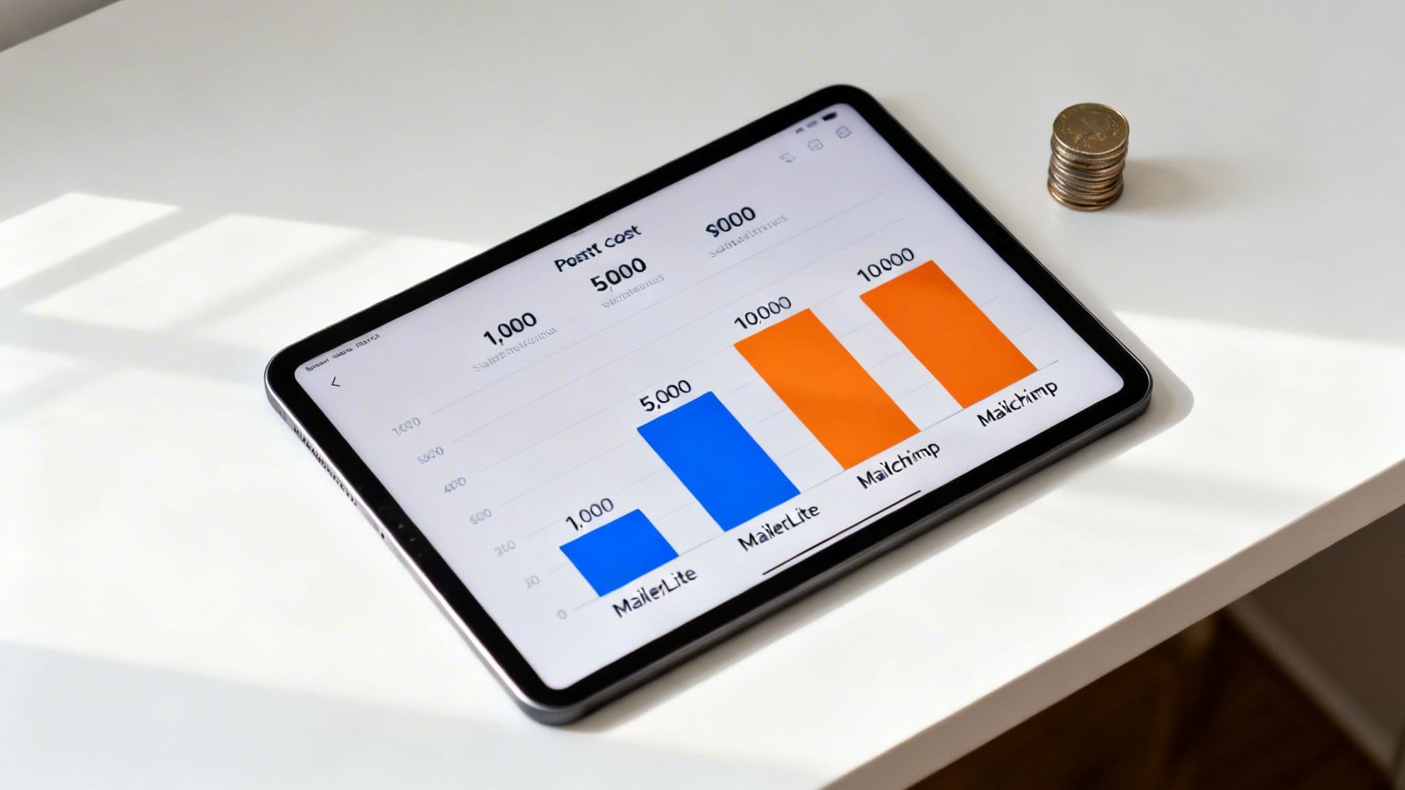 A tablet displays a bar chart comparing MailerLite and Mailchimp costs for subscribers, on a white desk next to a stack of coins.