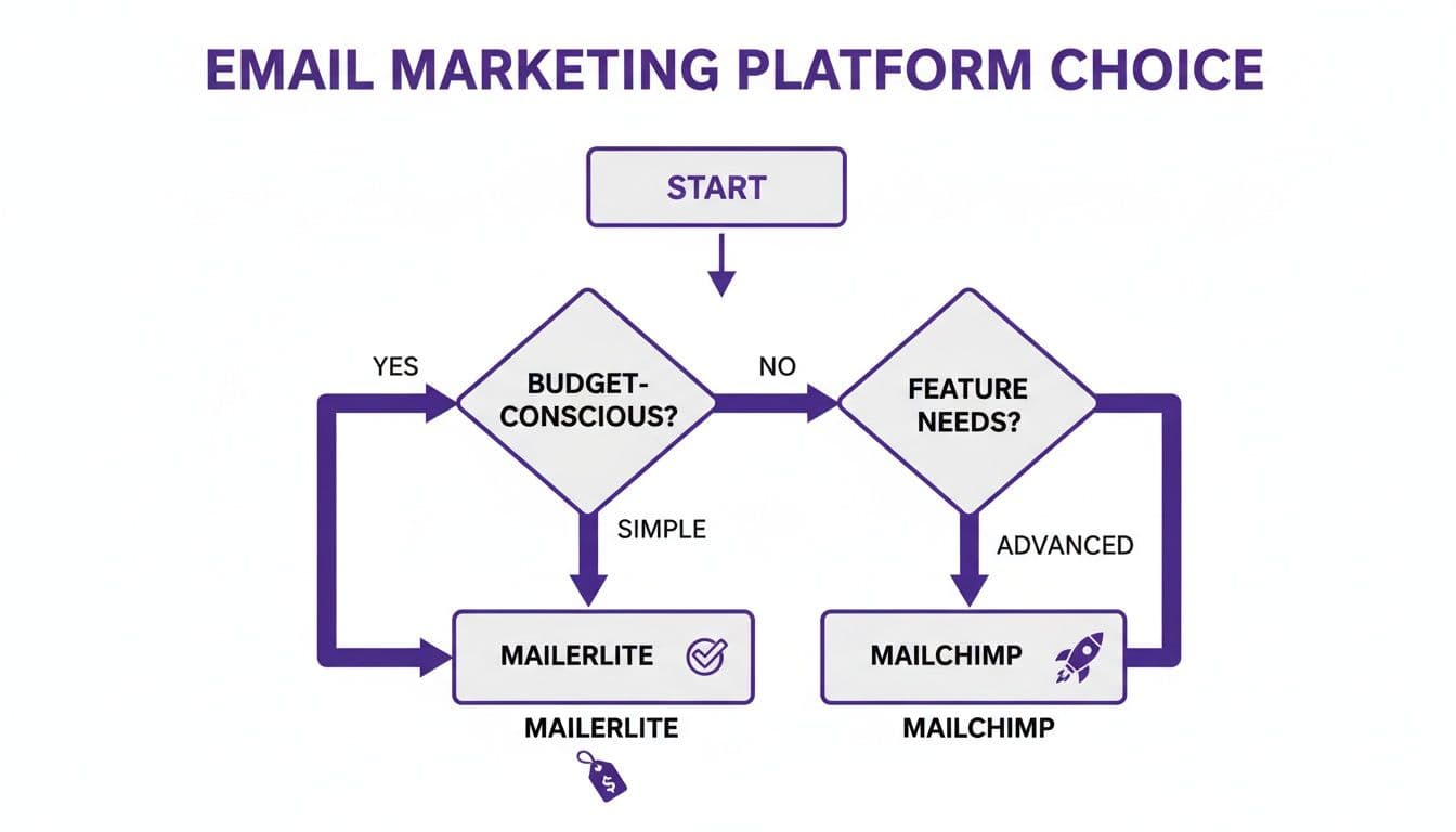 Flowchart guiding the choice between MailerLite and Mailchimp based on budget and feature needs.