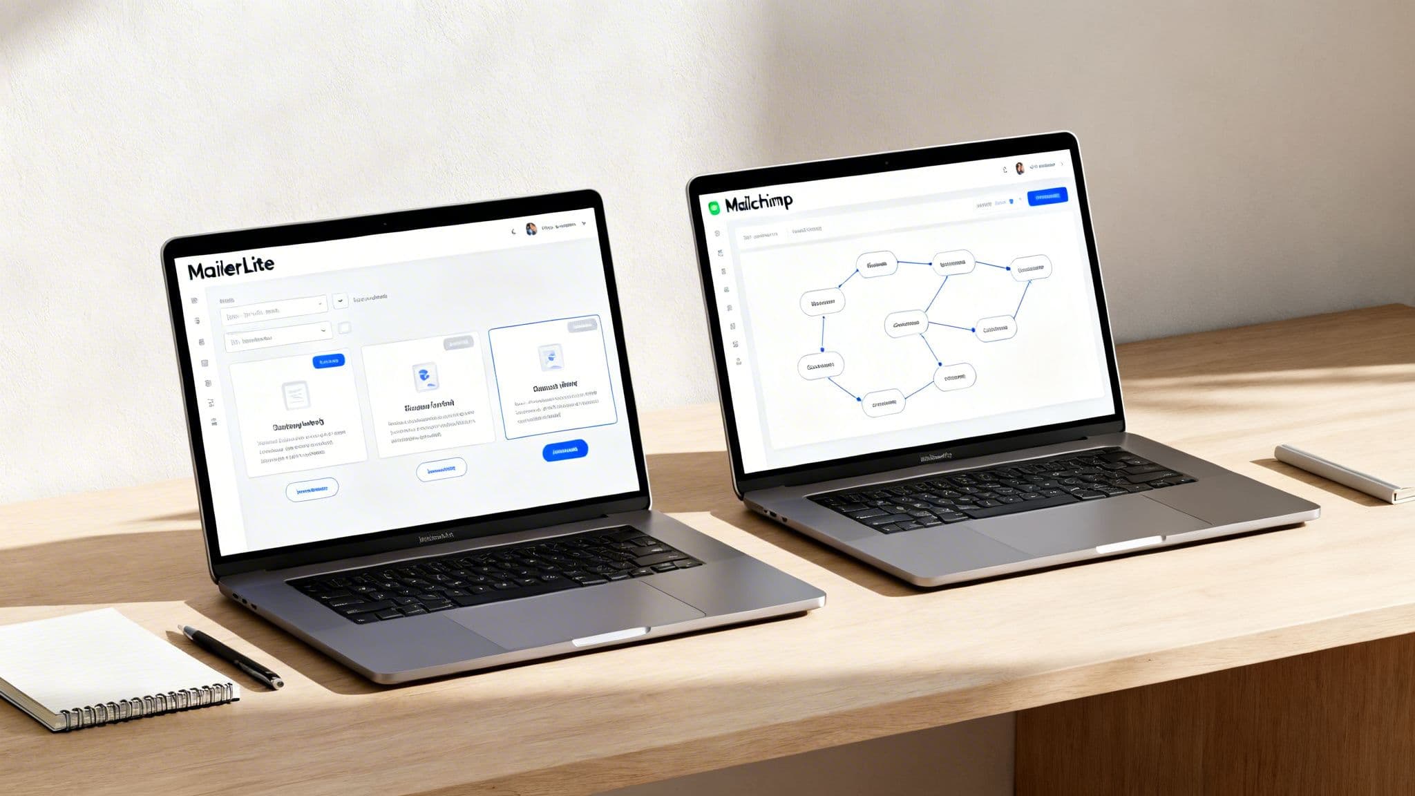 Two laptops on a wooden desk display MailerLite and Mailchimp email marketing software interfaces.