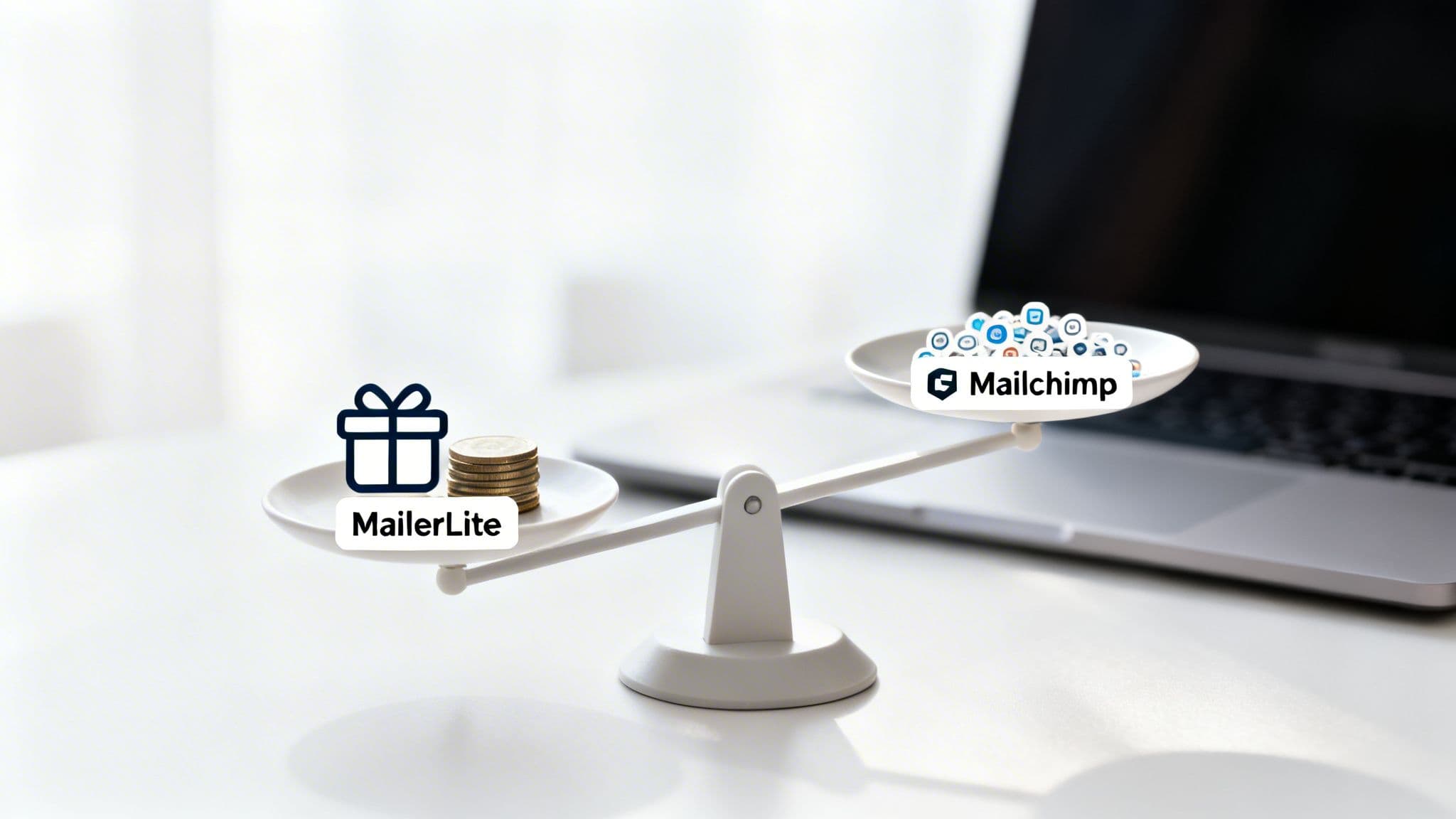 A balance scale shows MailerLite (coins, gift) outweighing Mailchimp (many app icons).