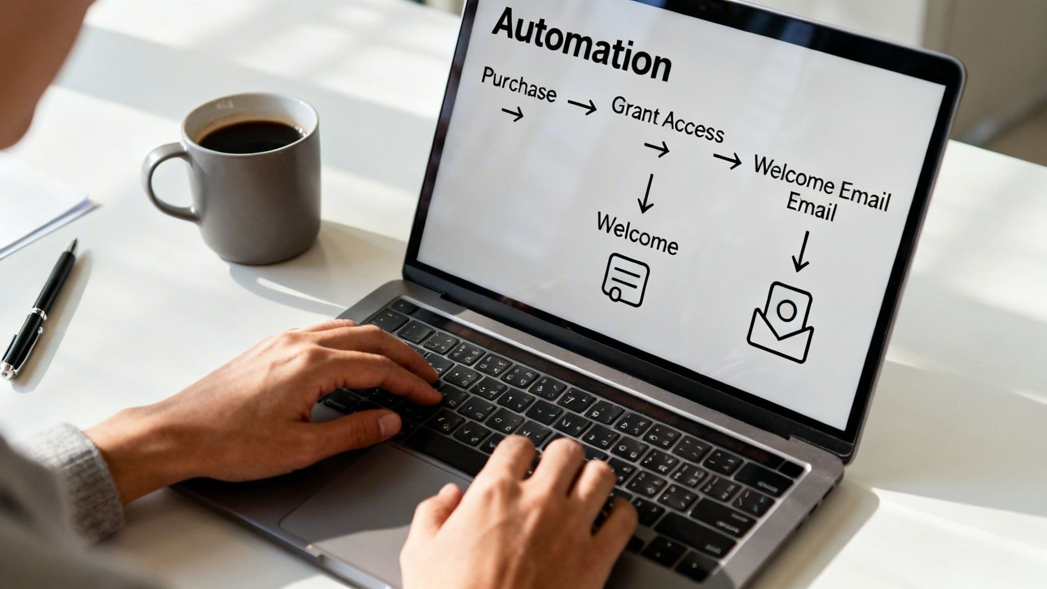A person types on a laptop displaying an automation workflow diagram for purchase and welcome steps.