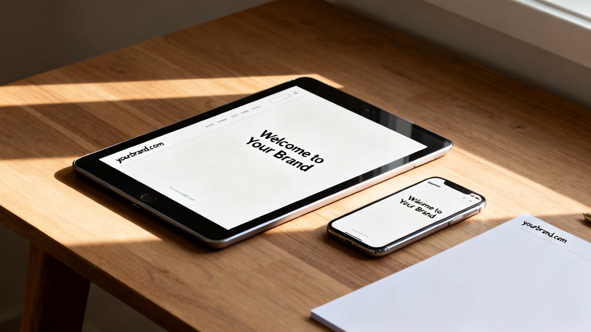 A tablet, smartphone, and paper on a wooden desk, all displaying 'yourbrand.com' and 'Welcome to Your Brand'.